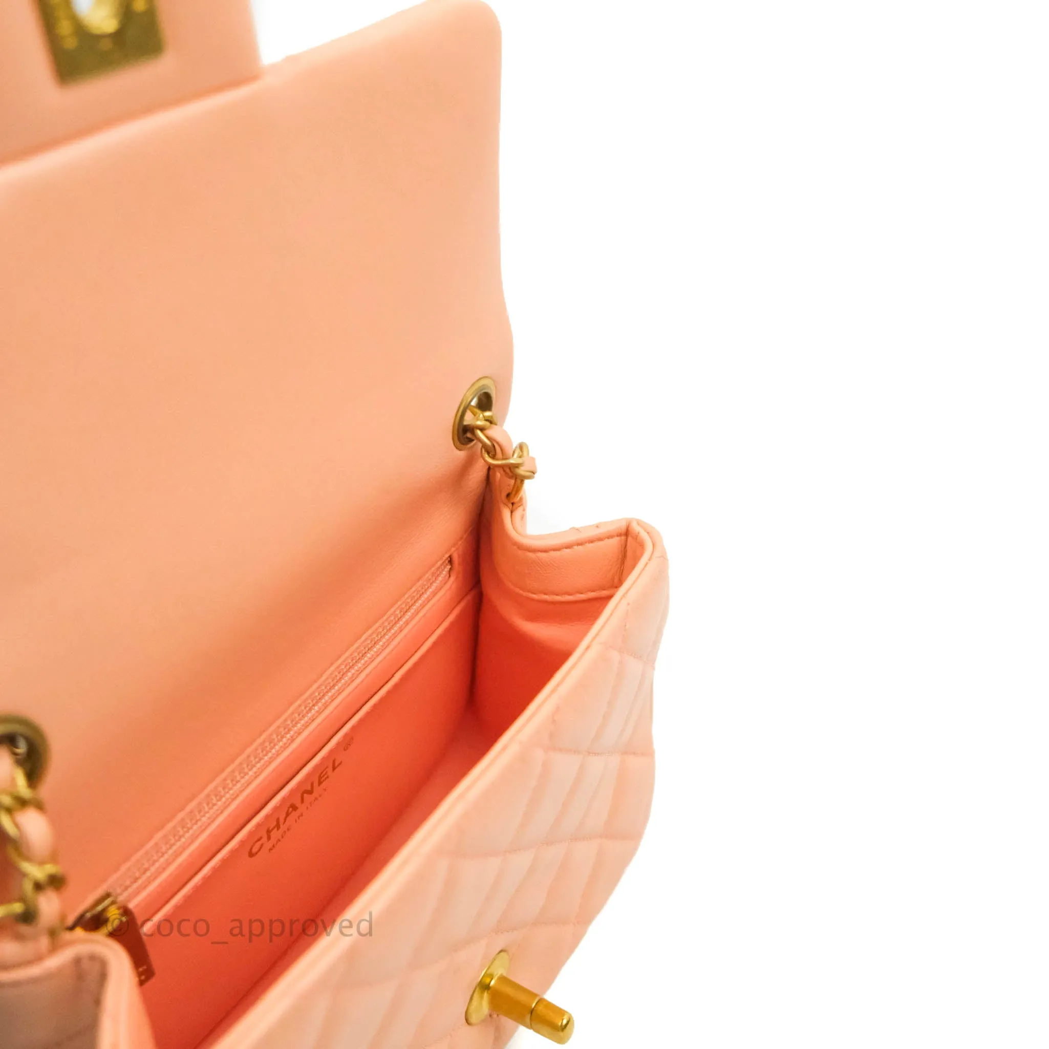 Chanel Pearl Crush Mini Square Quilted Peach Beige Lambskin Aged Gold Hardware