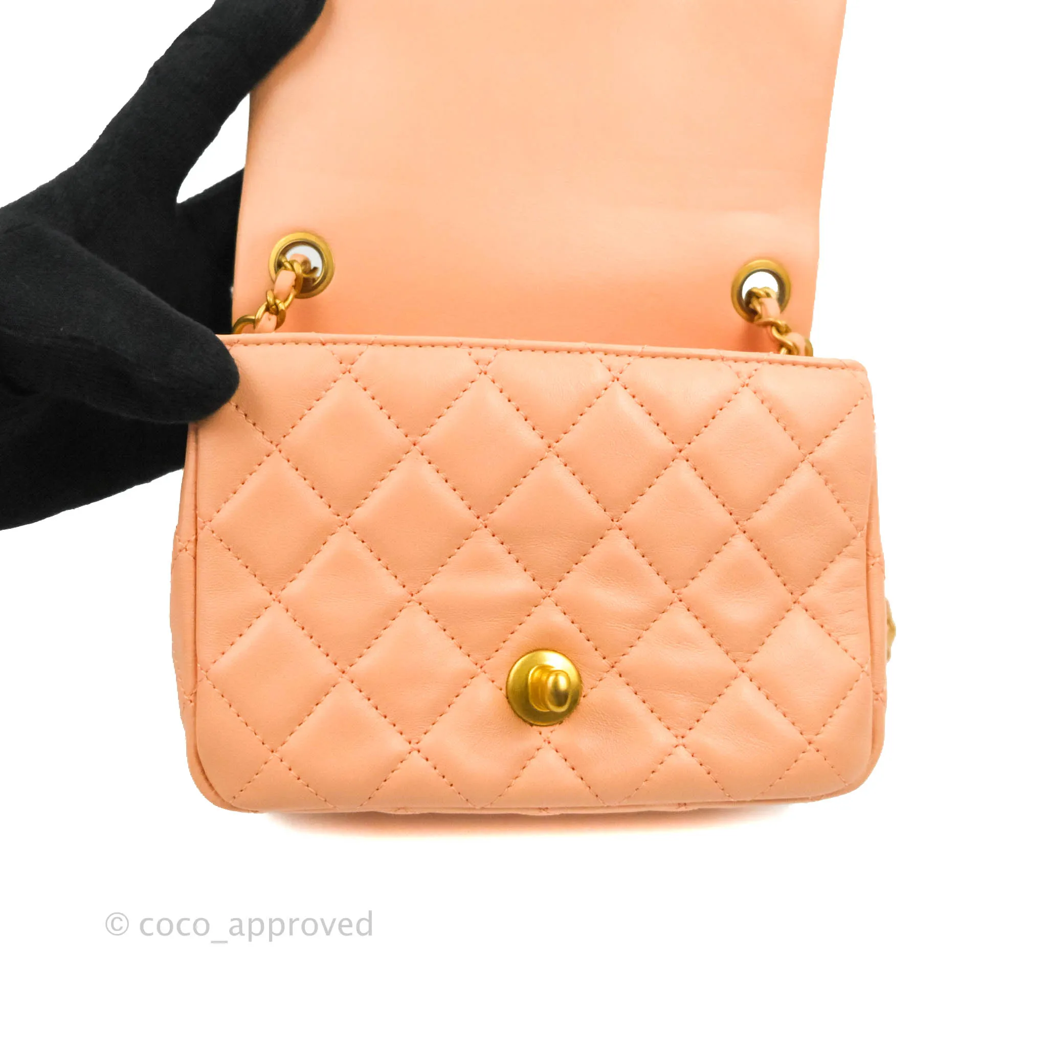 Chanel Pearl Crush Mini Square Quilted Peach Beige Lambskin Aged Gold Hardware