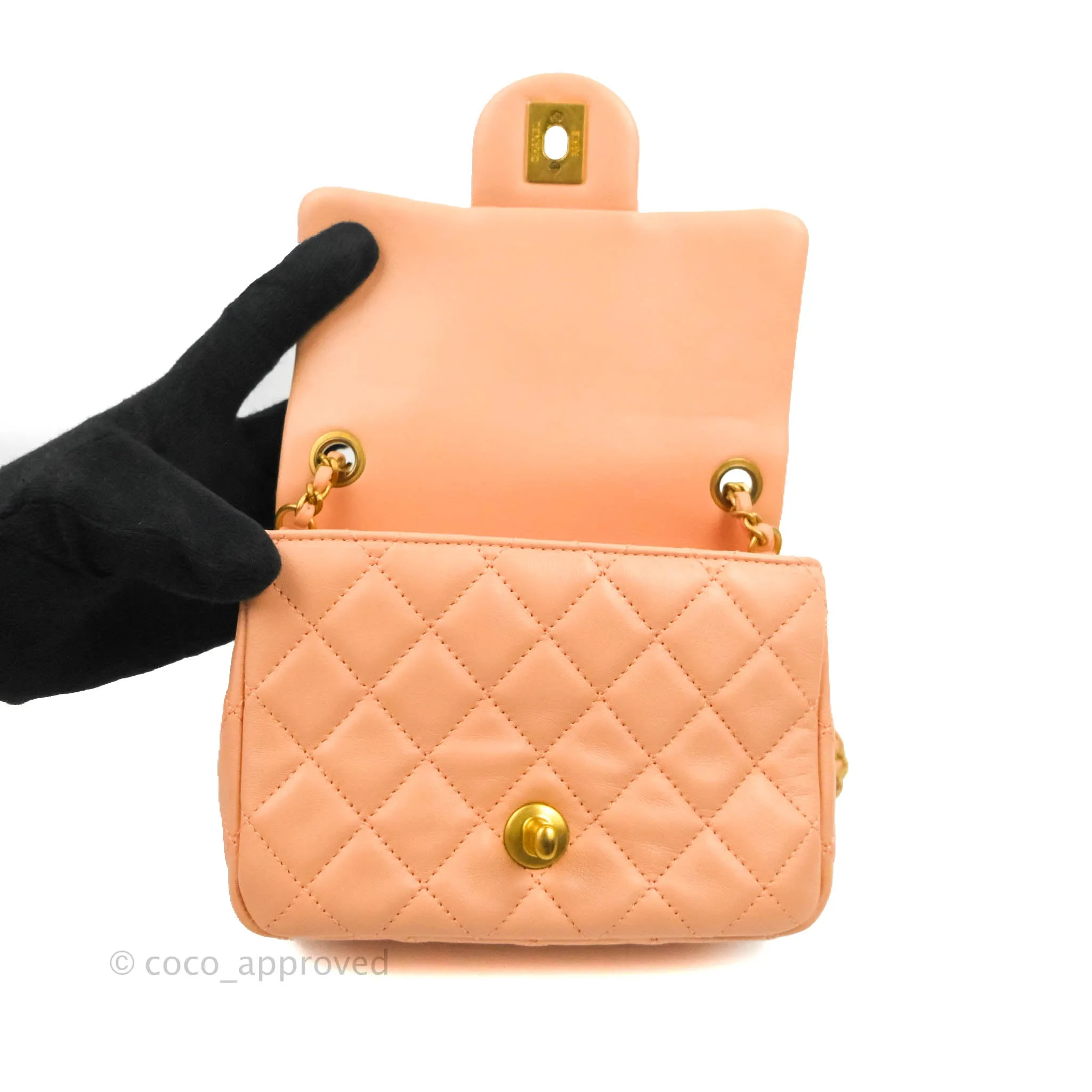 Chanel Pearl Crush Mini Square Quilted Peach Beige Lambskin Aged Gold Hardware