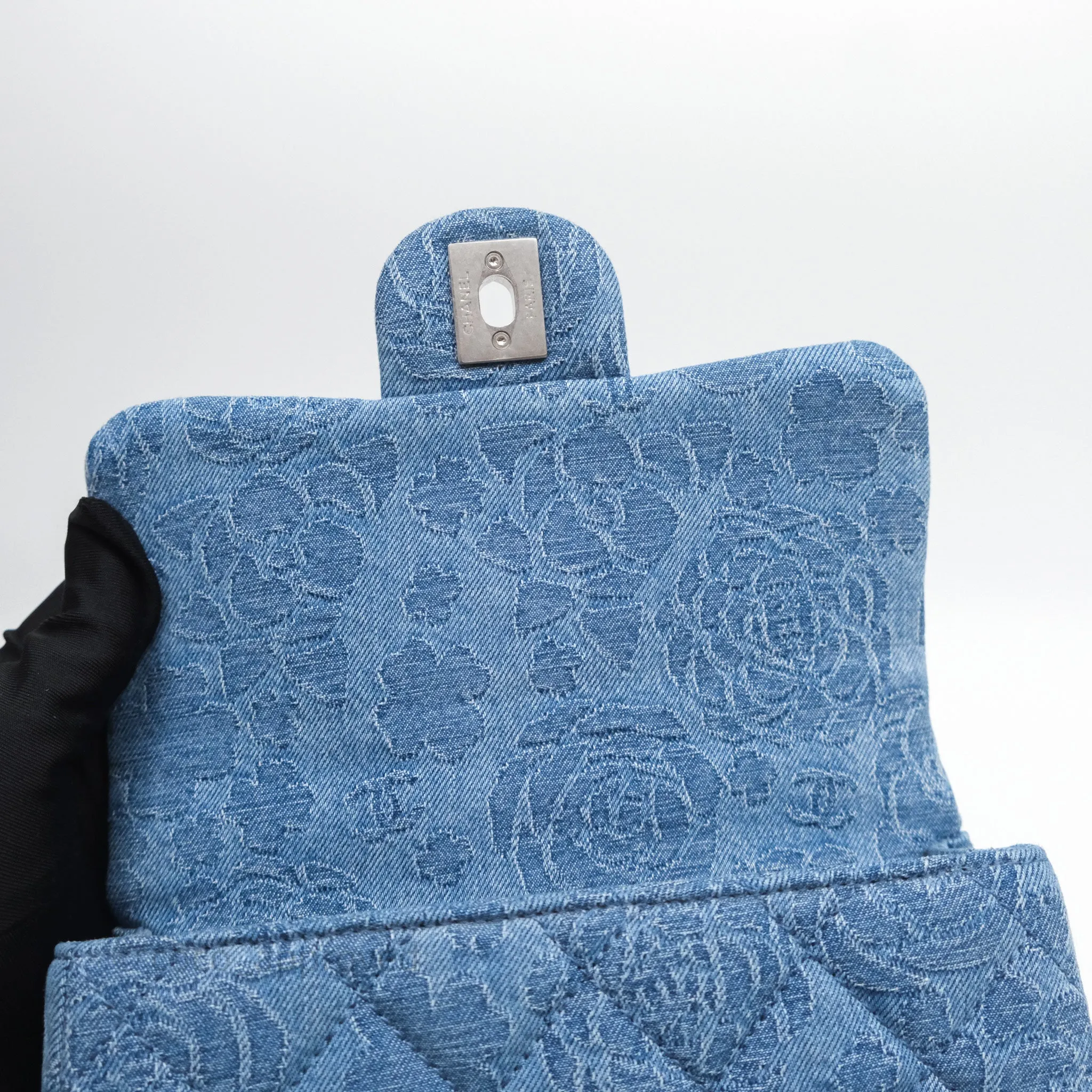 Chanel Quilted Camellia Printed Heart Crush Mini Flap Bag Blue Denim Aged Silver Hardware