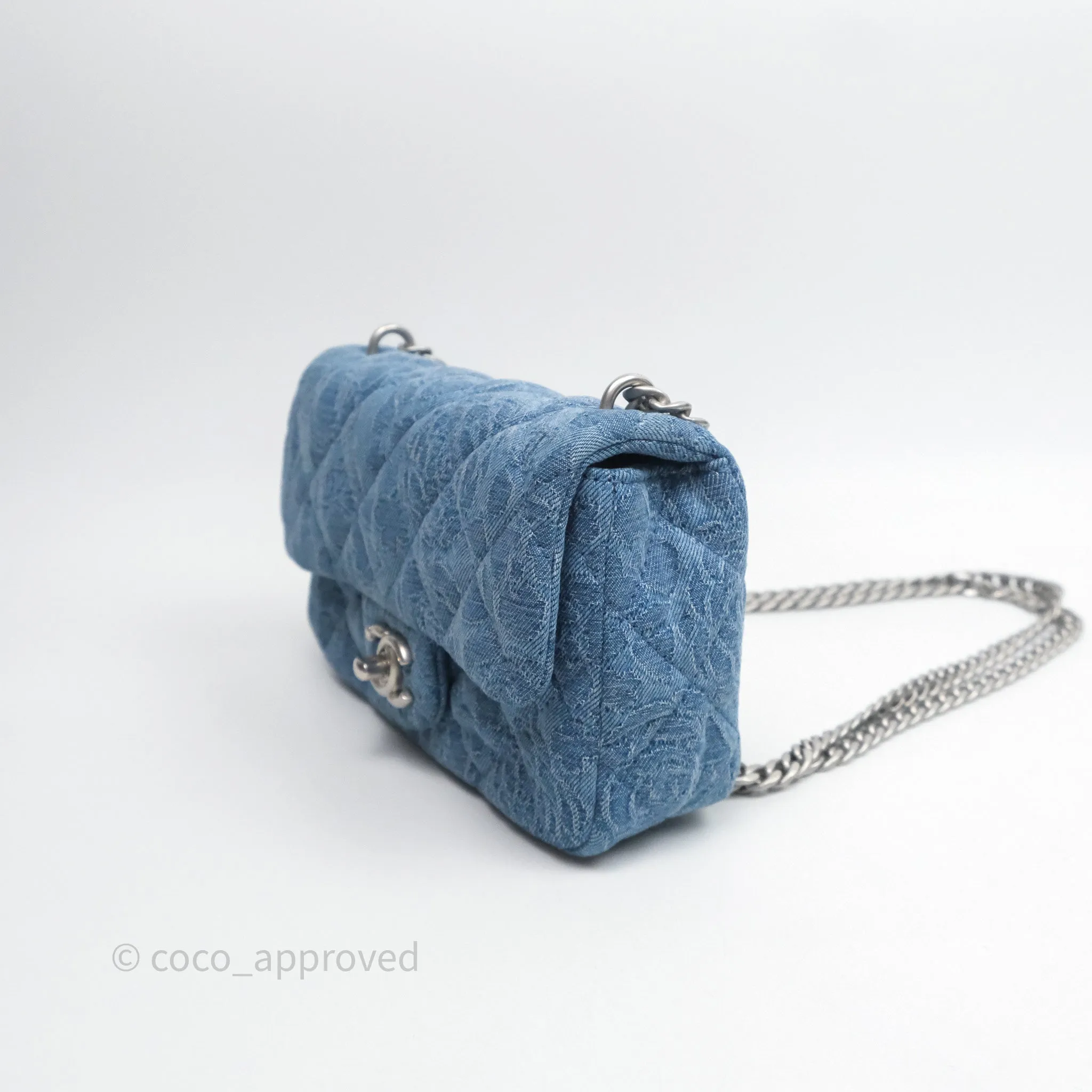Chanel Quilted Camellia Printed Heart Crush Mini Flap Bag Blue Denim Aged Silver Hardware
