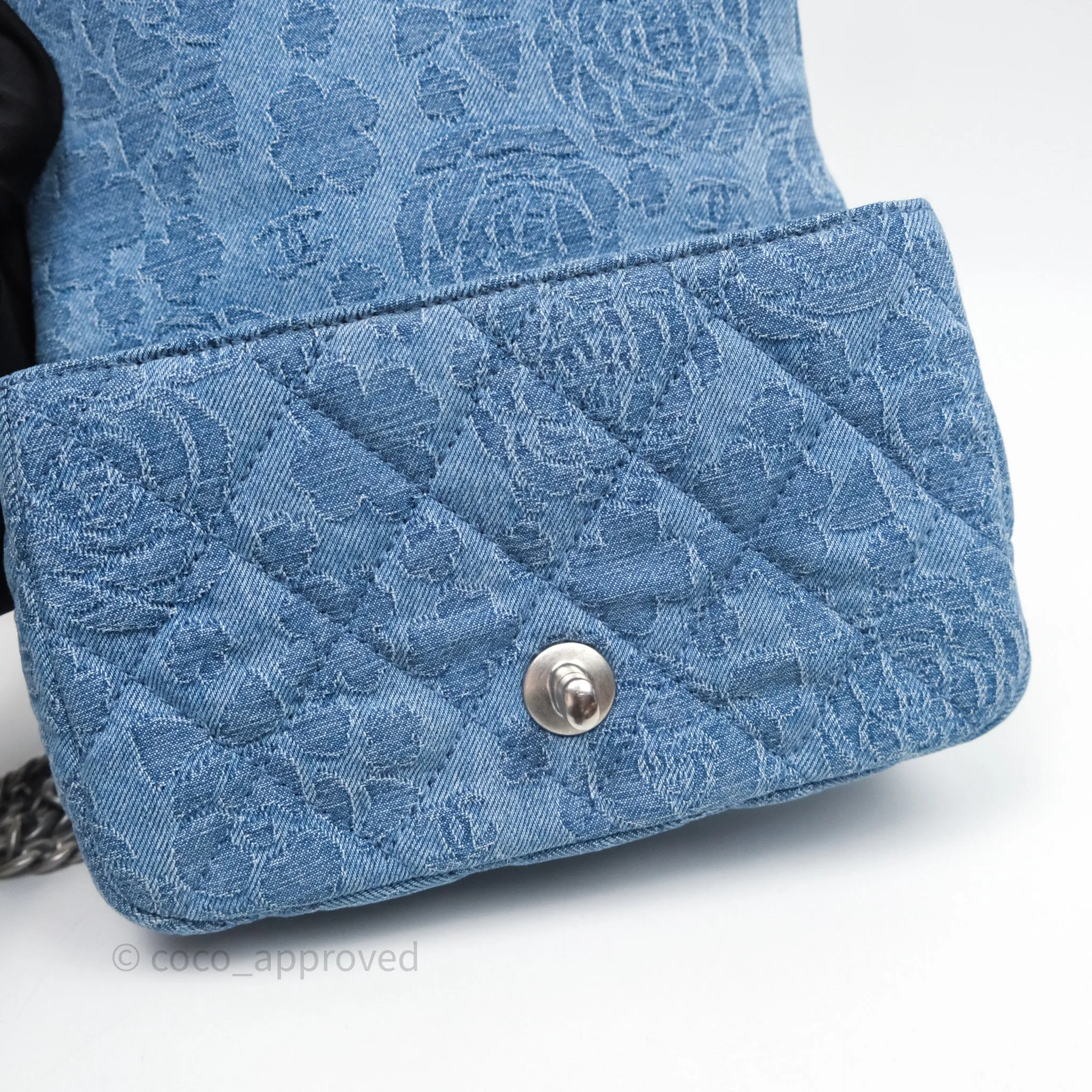Chanel Quilted Camellia Printed Heart Crush Mini Flap Bag Blue Denim Aged Silver Hardware