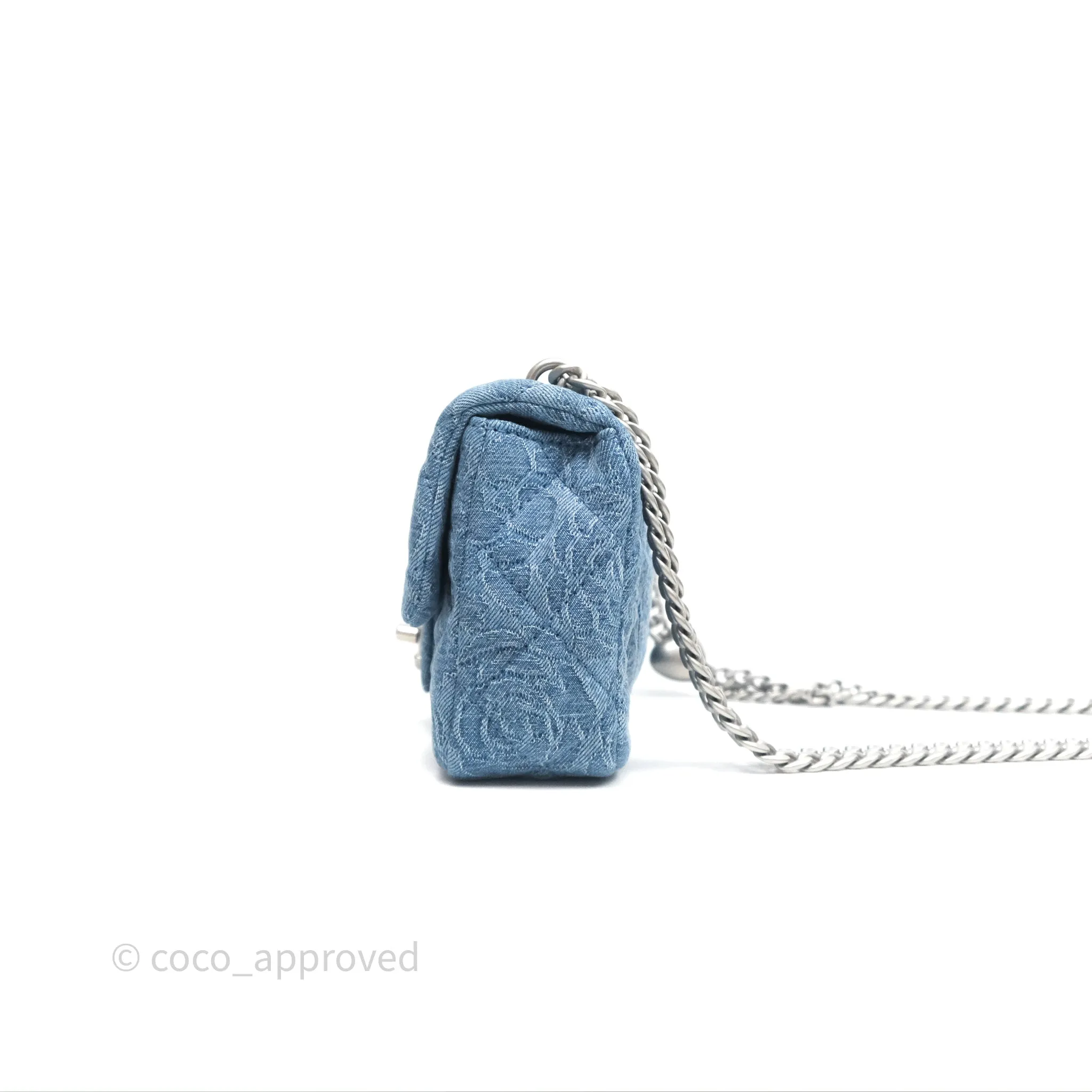 Chanel Quilted Camellia Printed Heart Crush Mini Flap Bag Blue Denim Aged Silver Hardware