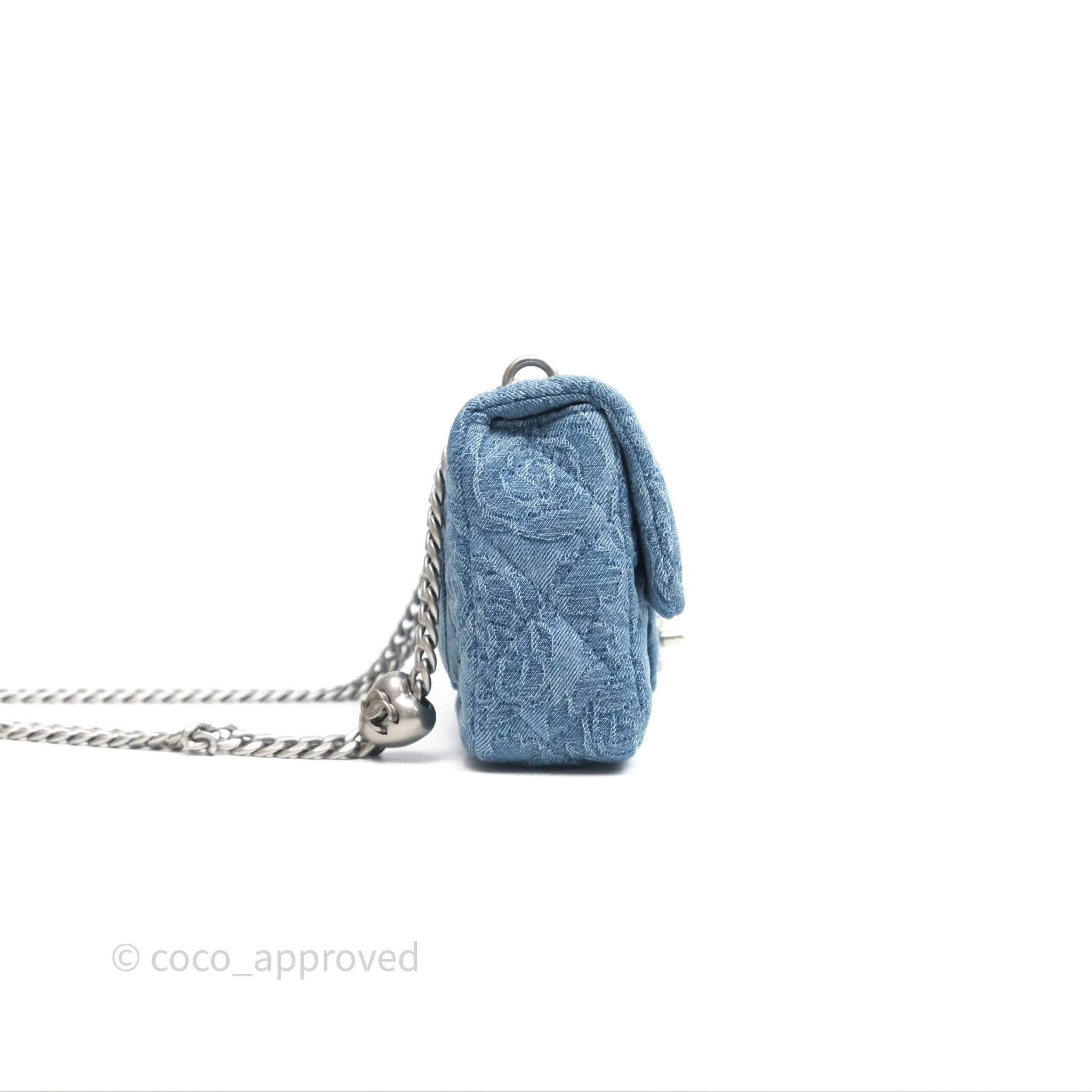 Chanel Quilted Camellia Printed Heart Crush Mini Flap Bag Blue Denim Aged Silver Hardware