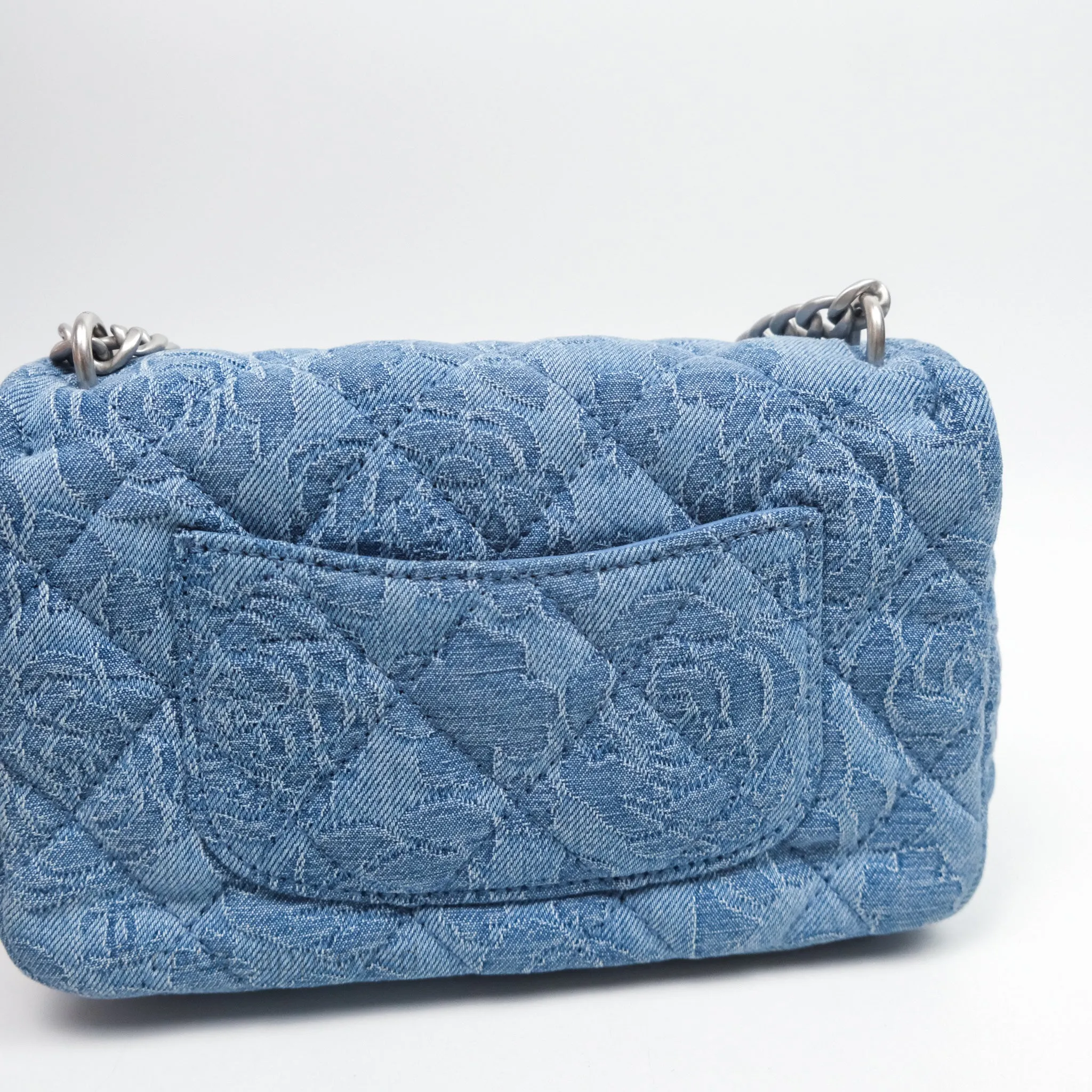 Chanel Quilted Camellia Printed Heart Crush Mini Flap Bag Blue Denim Aged Silver Hardware