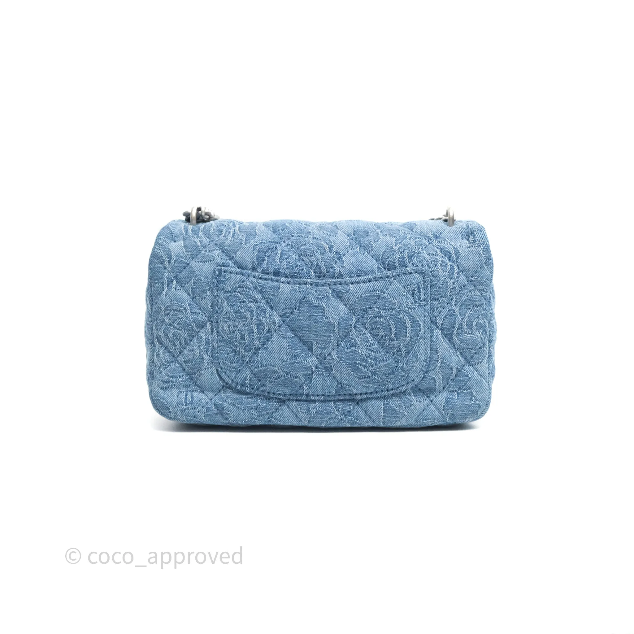Chanel Quilted Camellia Printed Heart Crush Mini Flap Bag Blue Denim Aged Silver Hardware