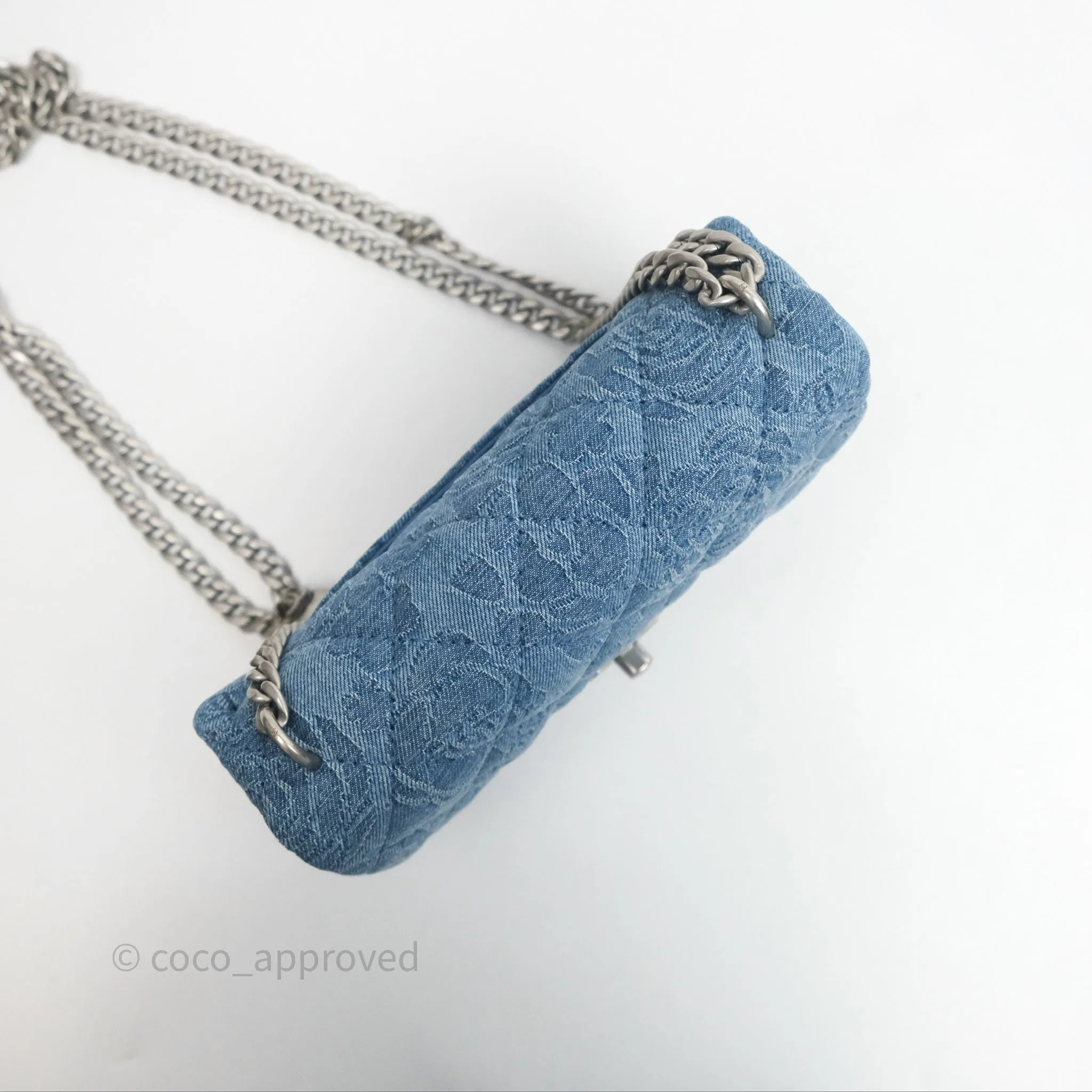 Chanel Quilted Camellia Printed Heart Crush Mini Flap Bag Blue Denim Aged Silver Hardware