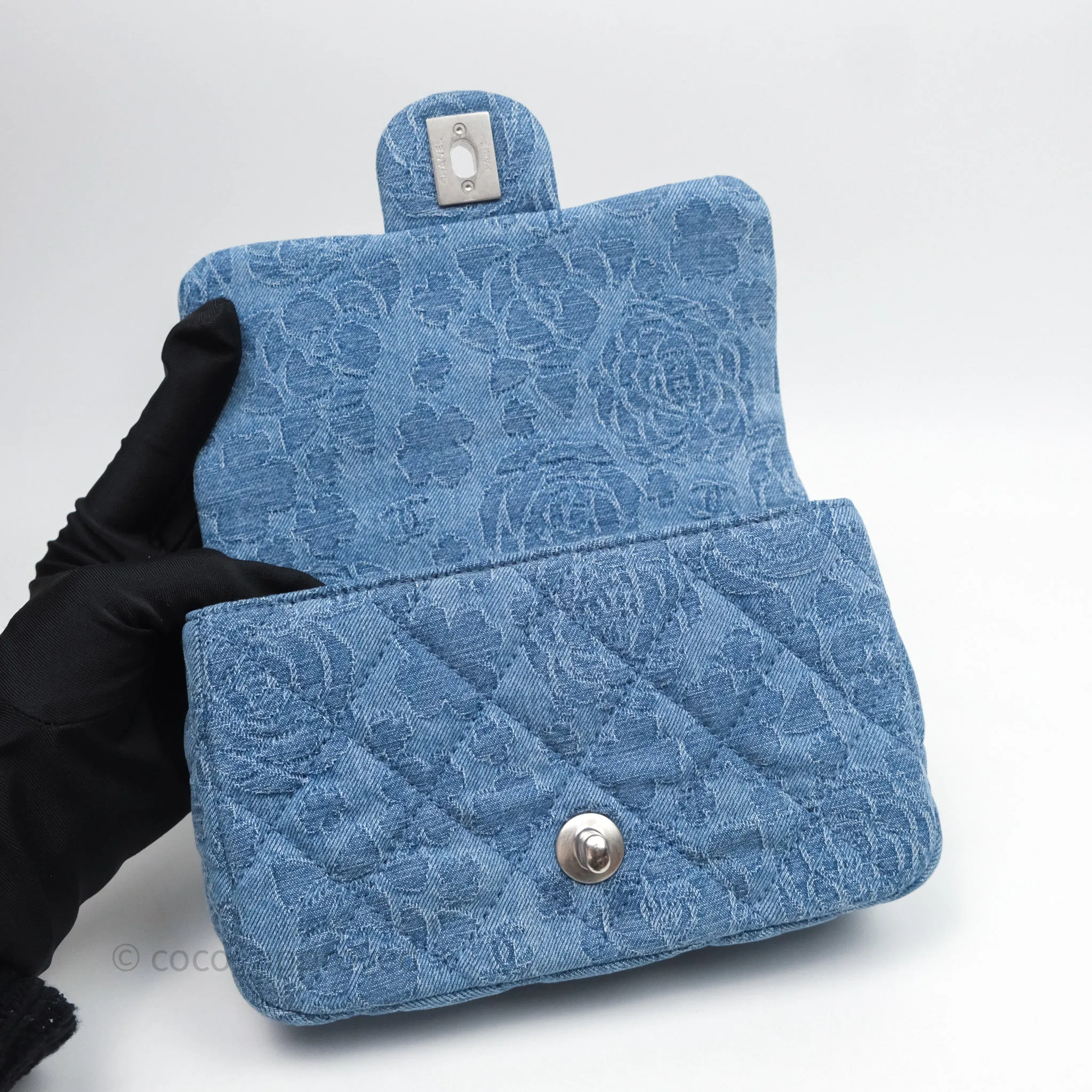 Chanel Quilted Camellia Printed Heart Crush Mini Flap Bag Blue Denim Aged Silver Hardware