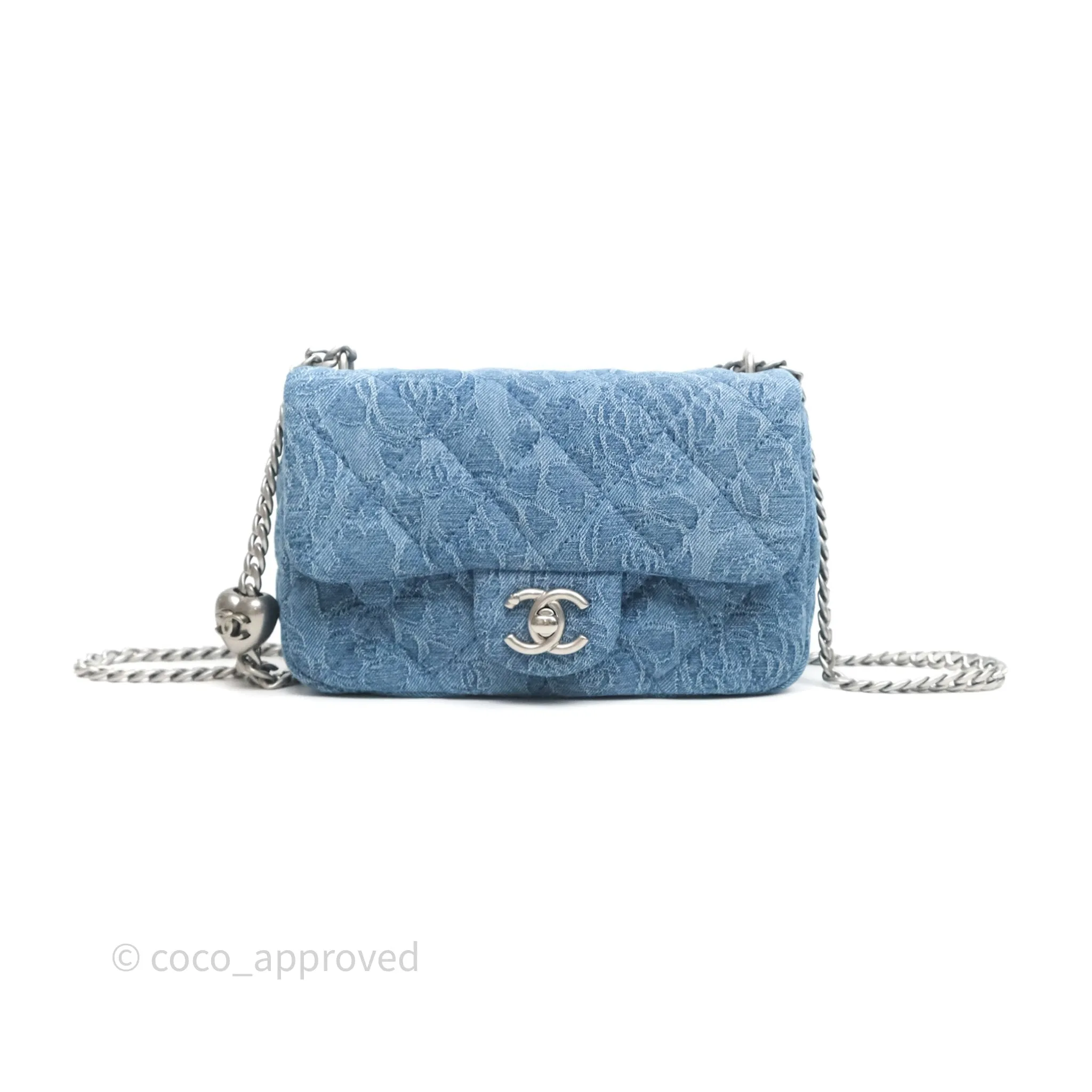 Chanel Quilted Camellia Printed Heart Crush Mini Flap Bag Blue Denim Aged Silver Hardware