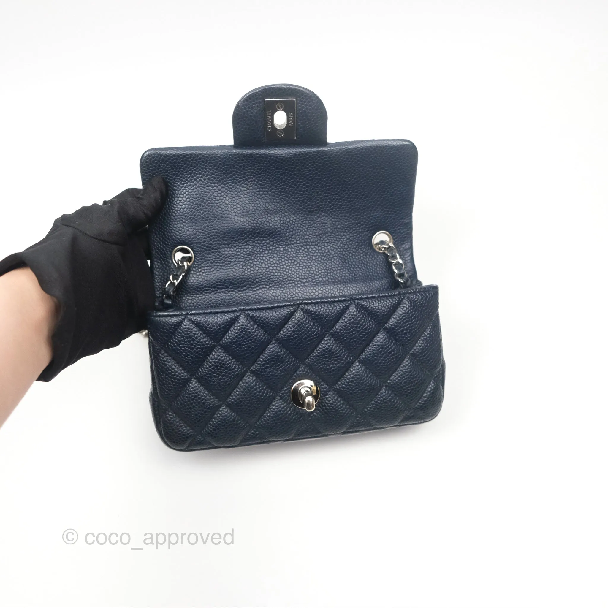 Chanel Quilted Extra Mini Rectangular Flap Dark Navy Caviar Silver Hardware