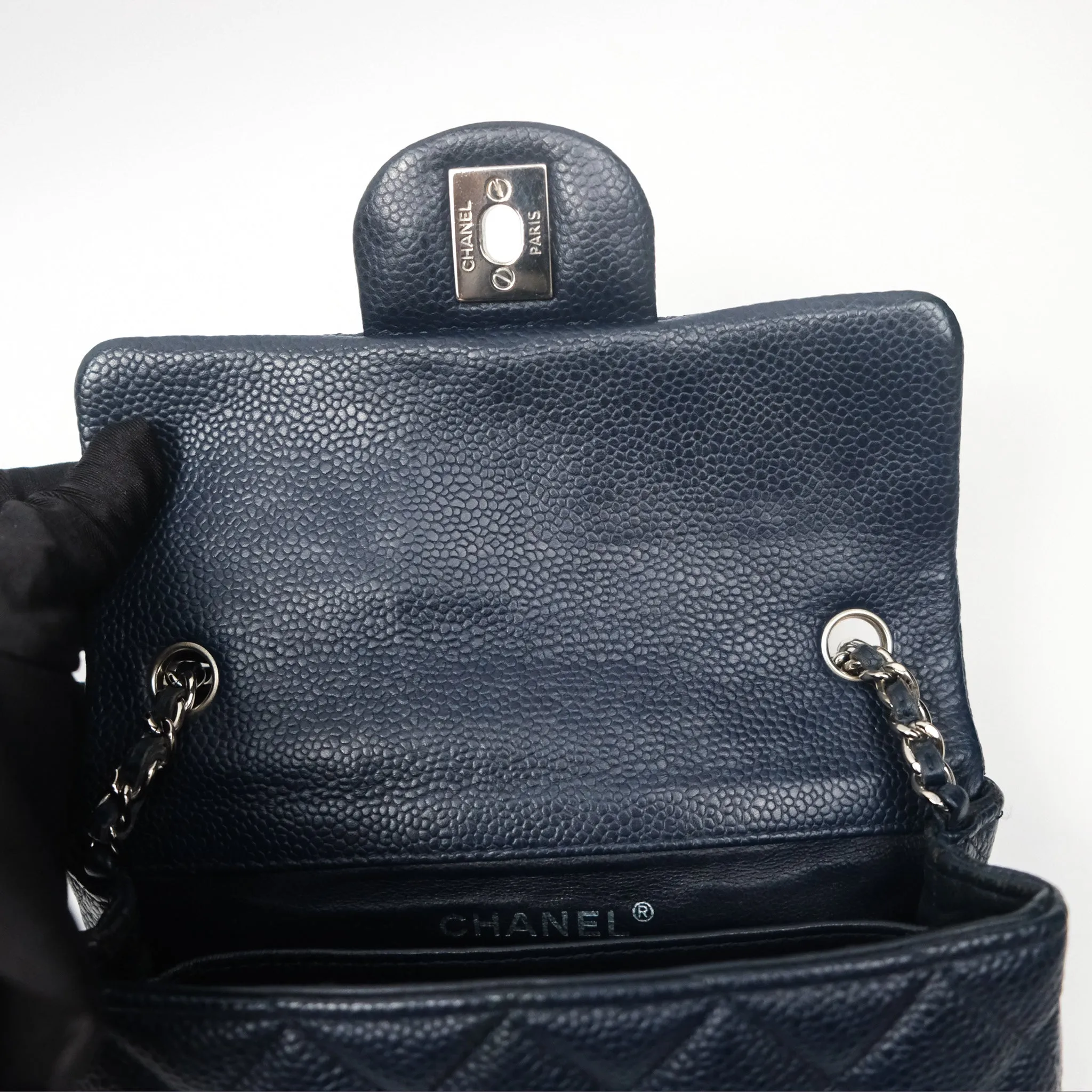 Chanel Quilted Extra Mini Rectangular Flap Dark Navy Caviar Silver Hardware