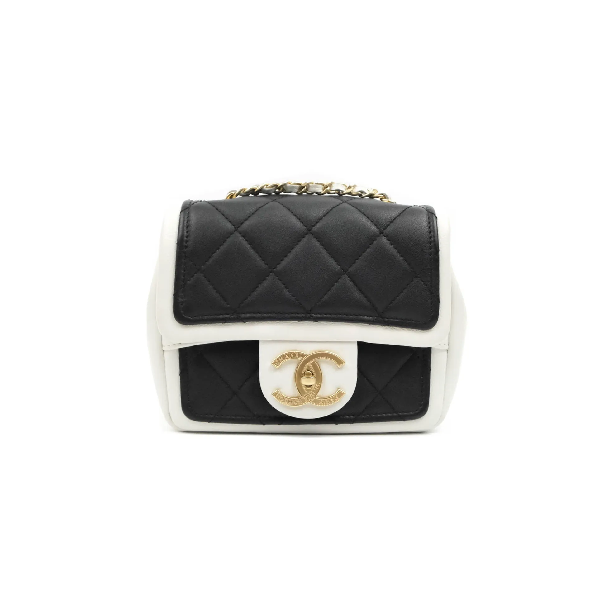 Chanel Quilted Graphic Mini Flap Bag Black White Gold Hardware