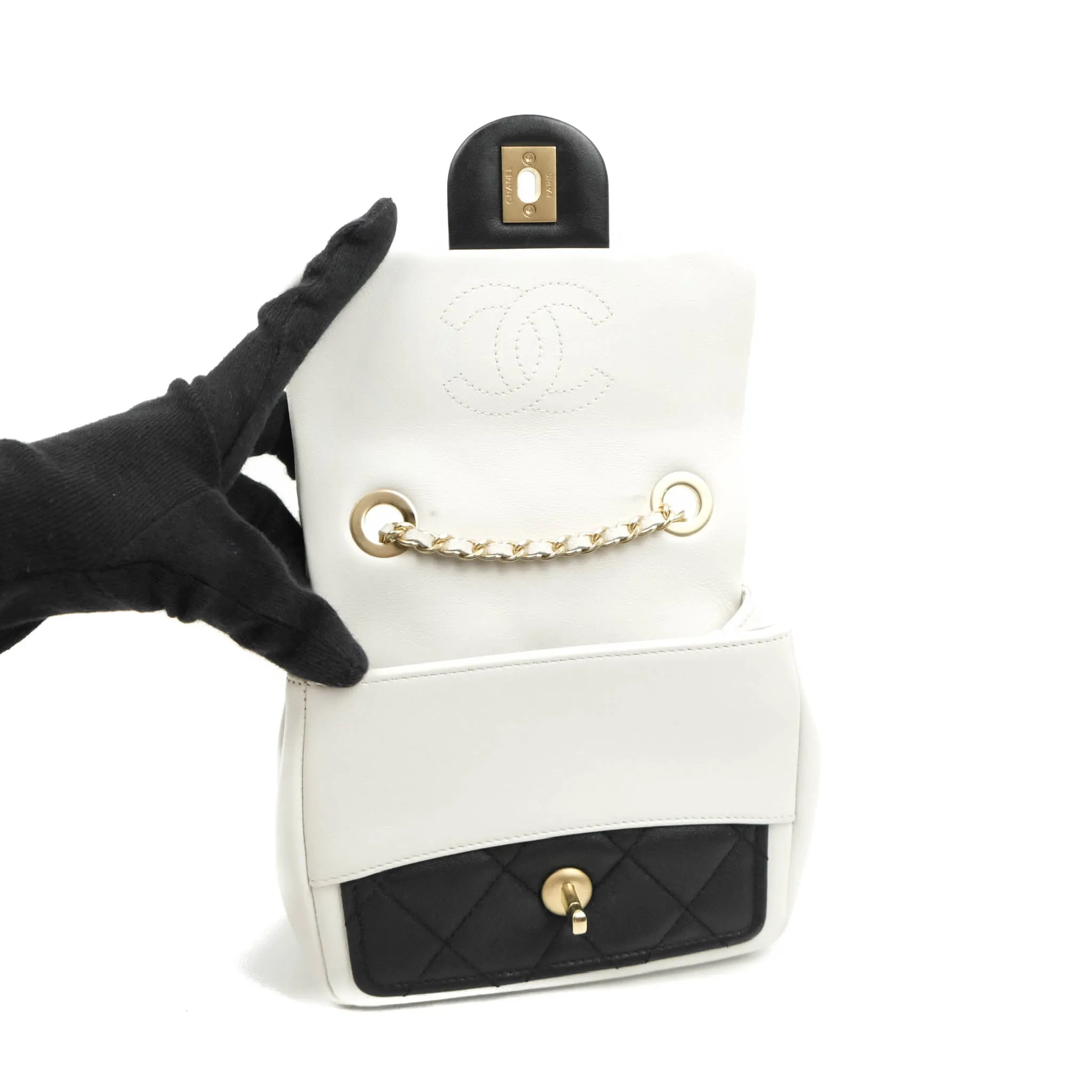 Chanel Quilted Graphic Mini Flap Bag Black White Gold Hardware
