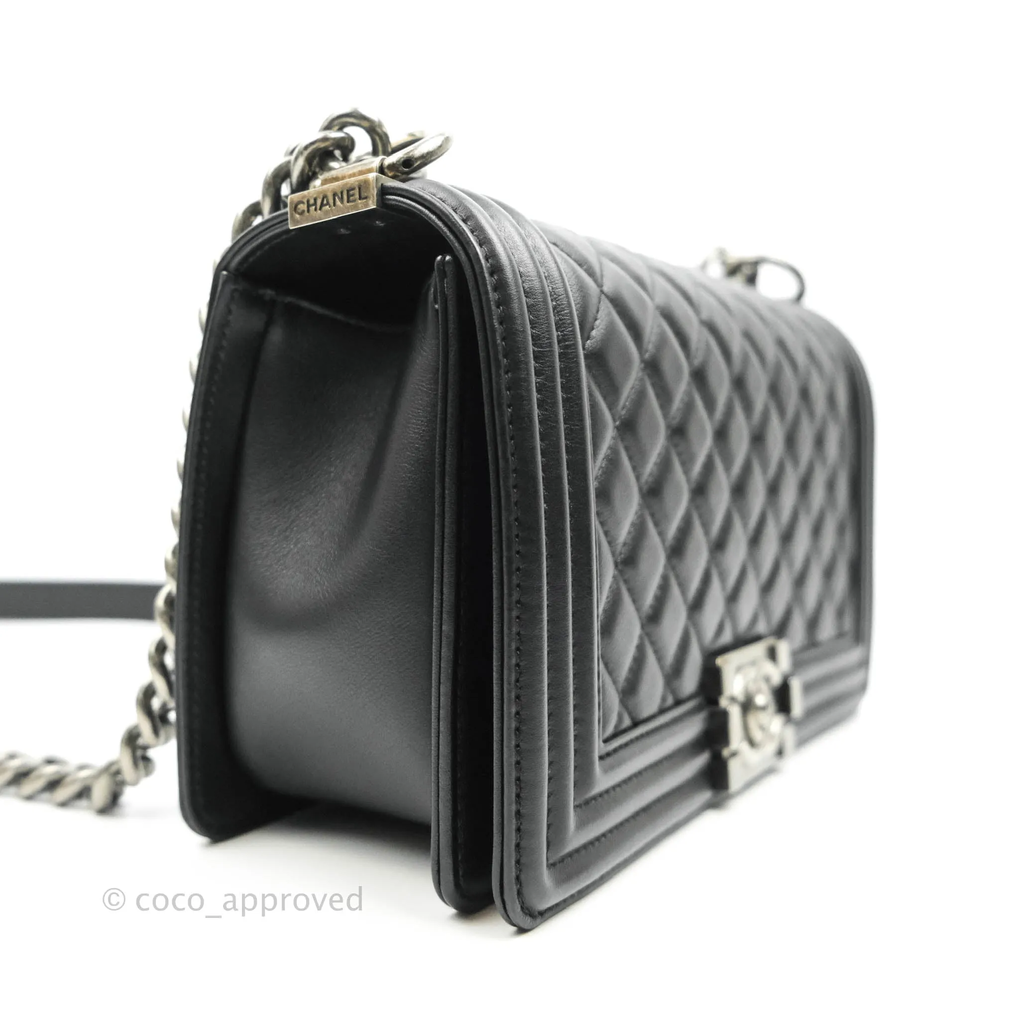 Chanel Quilted Medium Black Calfskin Boy Flap Ruthenium Hardware