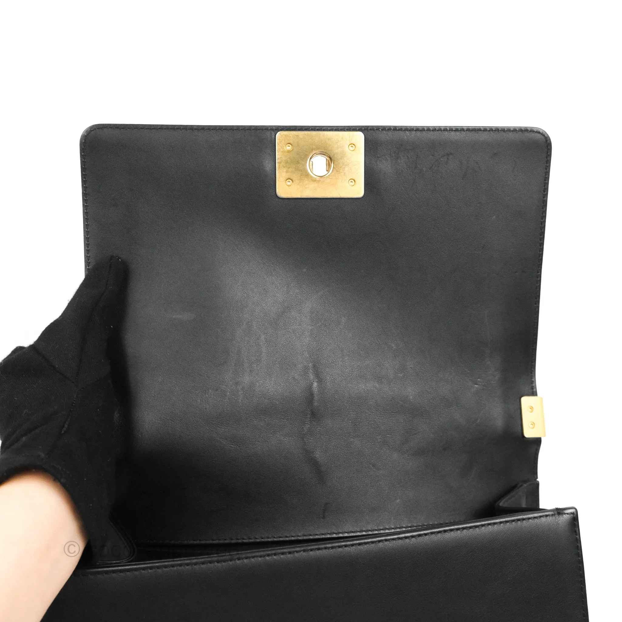 Chanel Quilted Medium Boy Black Calfskin Aged Gold Hardware