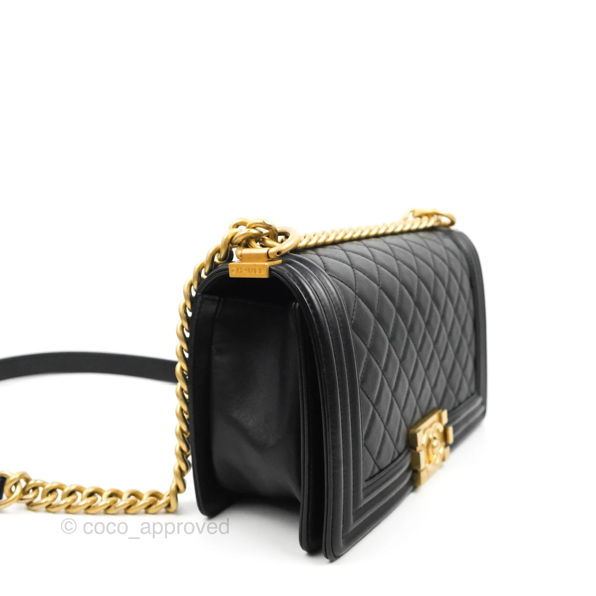 Chanel Quilted Medium Boy Black Calfskin Aged Gold Hardware