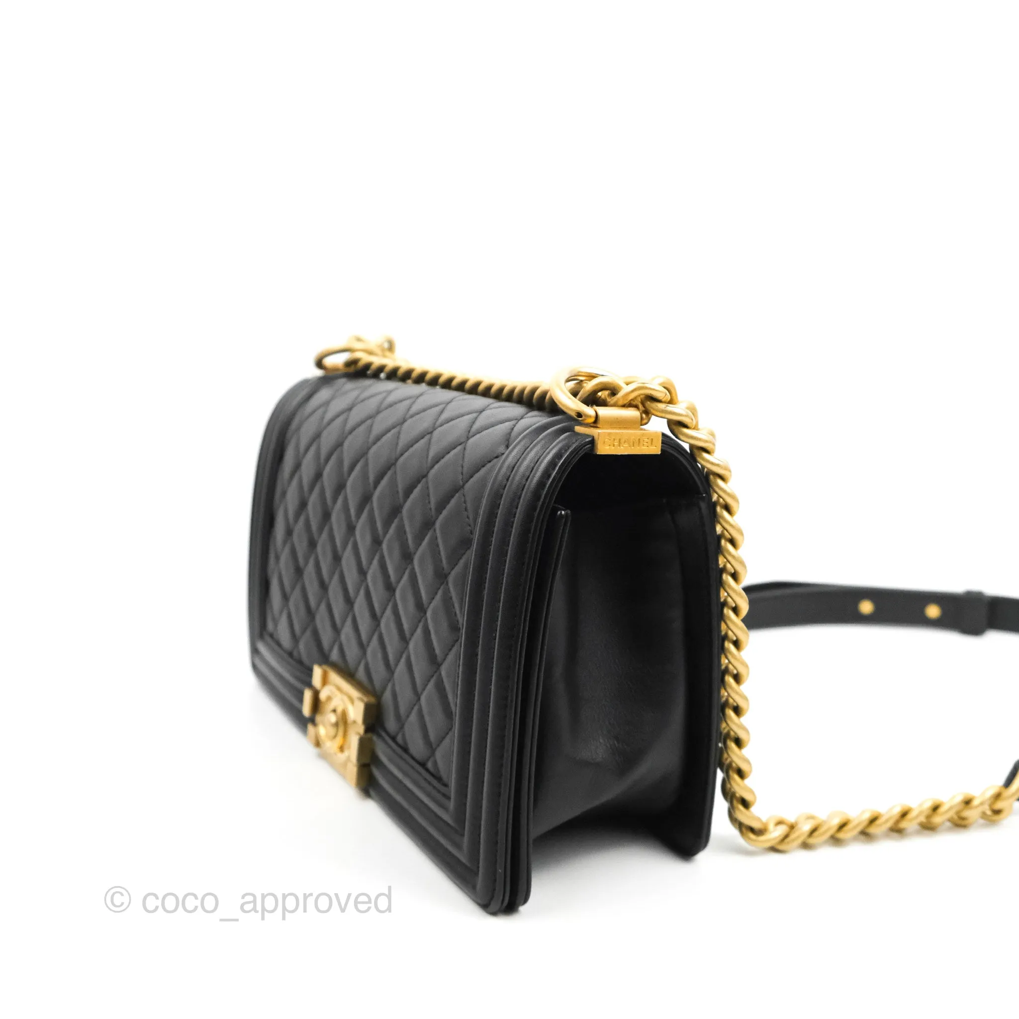 Chanel Quilted Medium Boy Black Calfskin Aged Gold Hardware