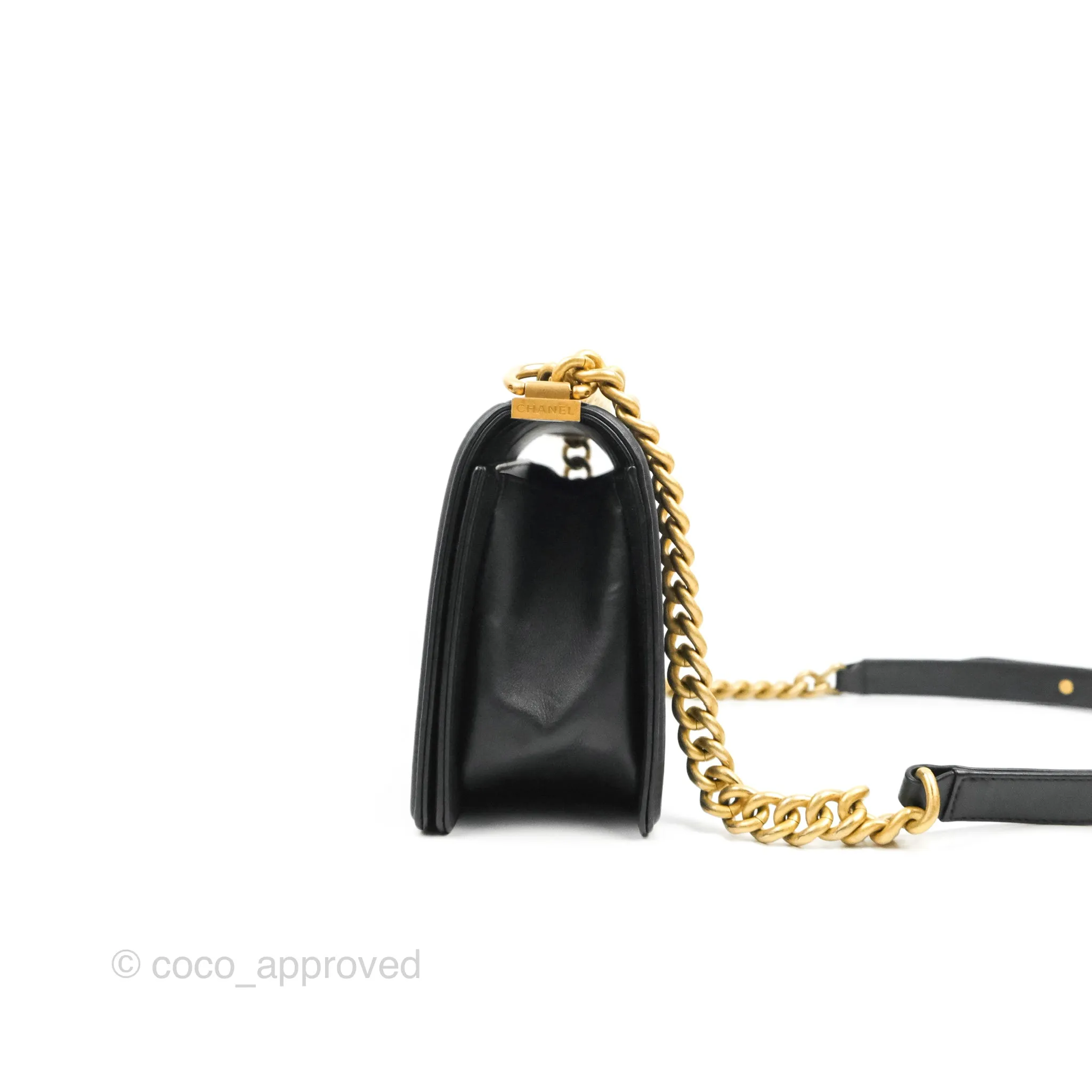 Chanel Quilted Medium Boy Black Calfskin Aged Gold Hardware