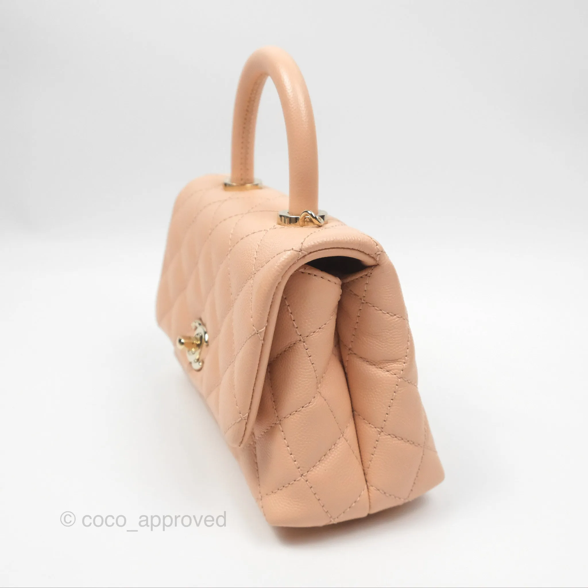 Chanel Quilted Mini Coco Handle Caviar Pink Beige Gold Hardware