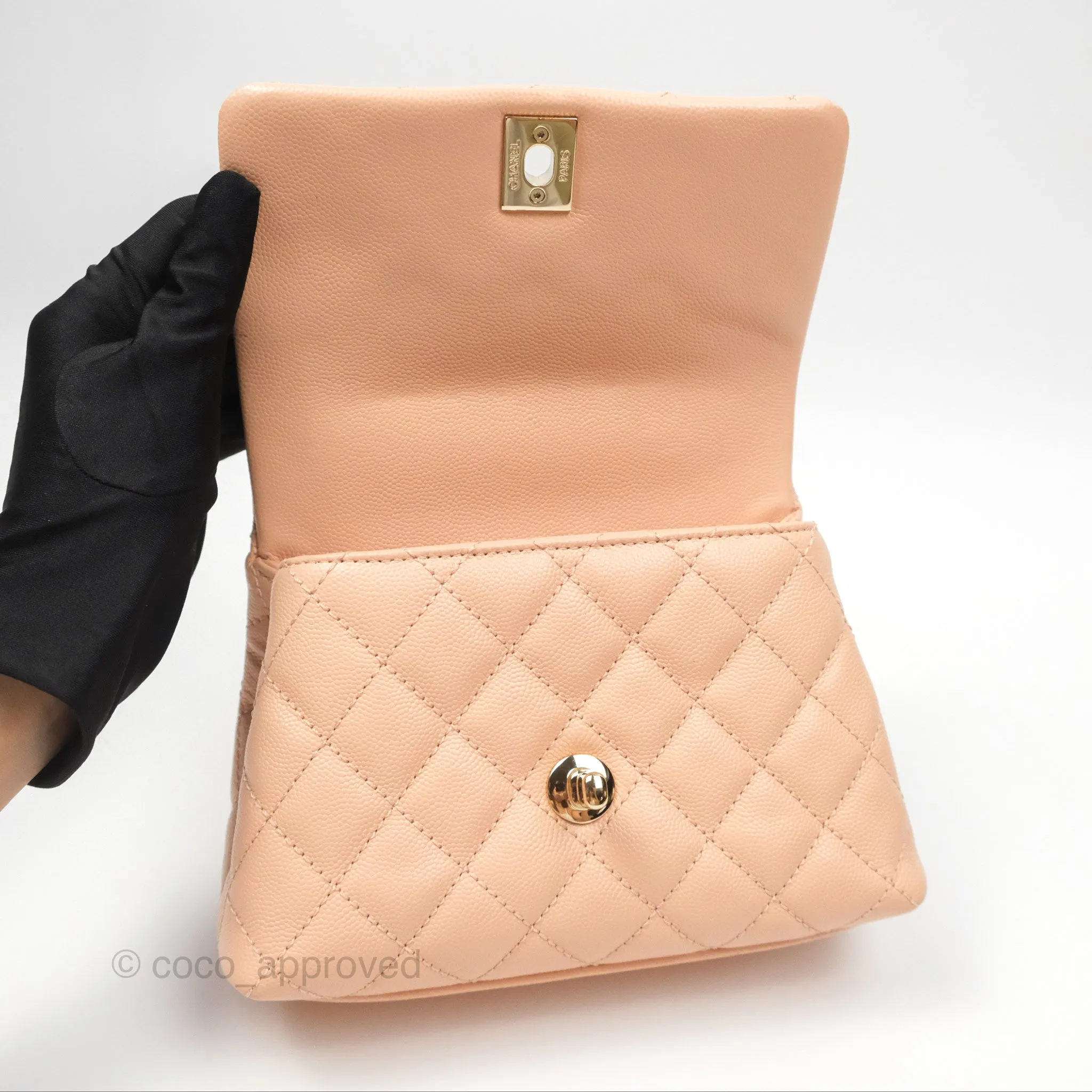 Chanel Quilted Mini Coco Handle Caviar Pink Beige Gold Hardware