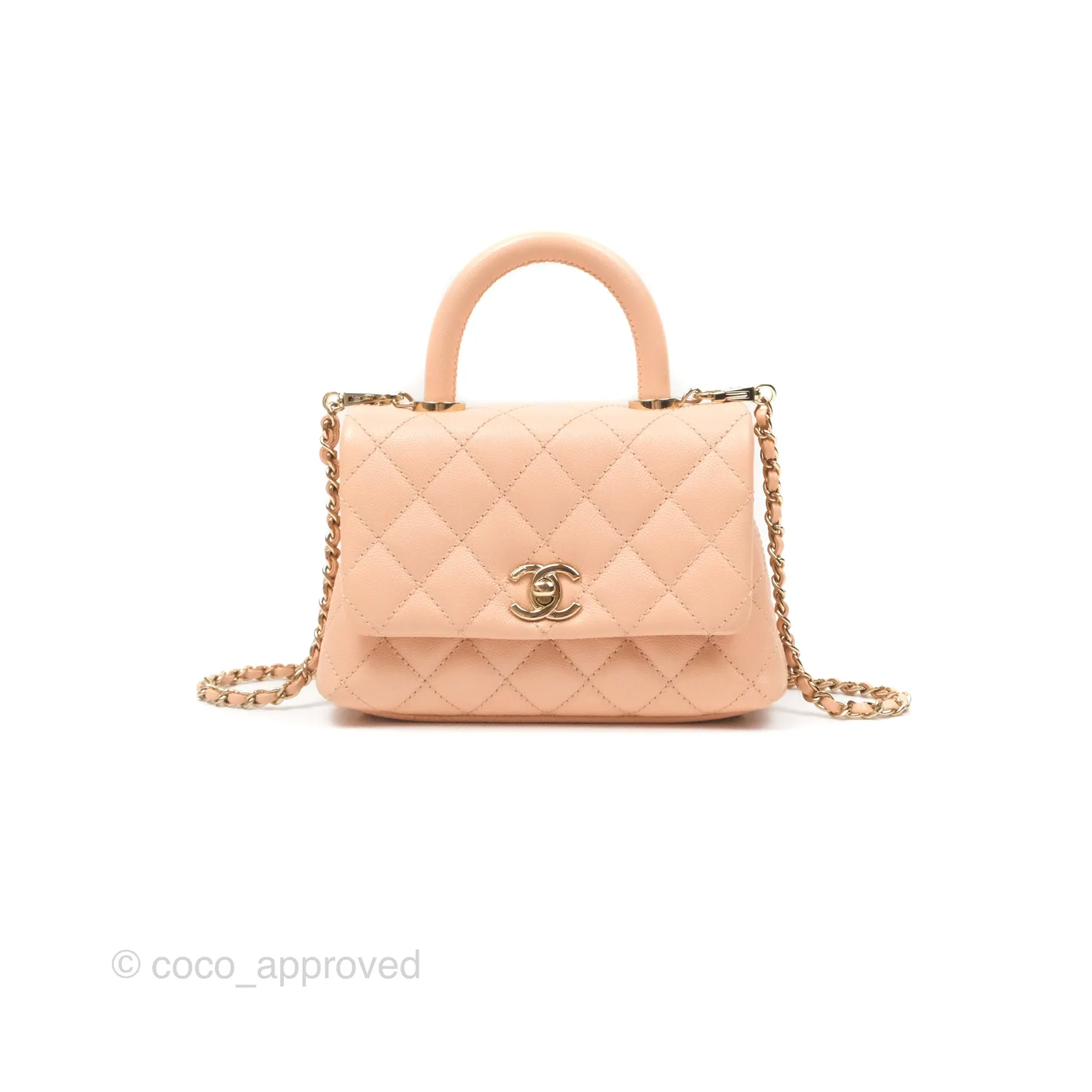 Chanel Quilted Mini Coco Handle Caviar Pink Beige Gold Hardware