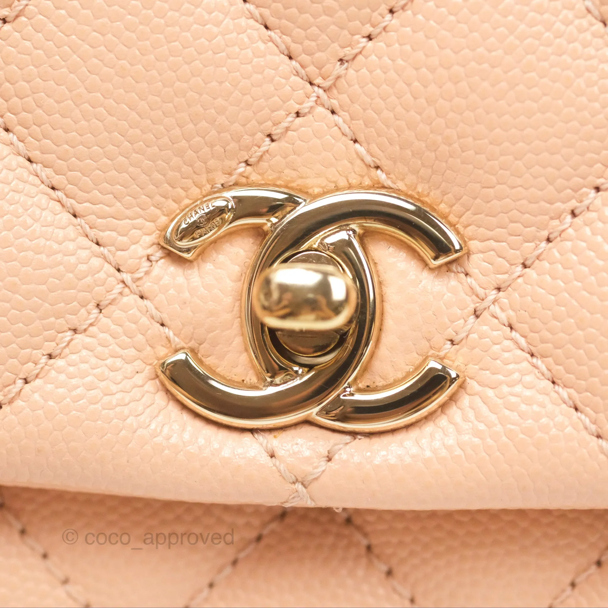 Chanel Quilted Mini Coco Handle Caviar Pink Beige Gold Hardware