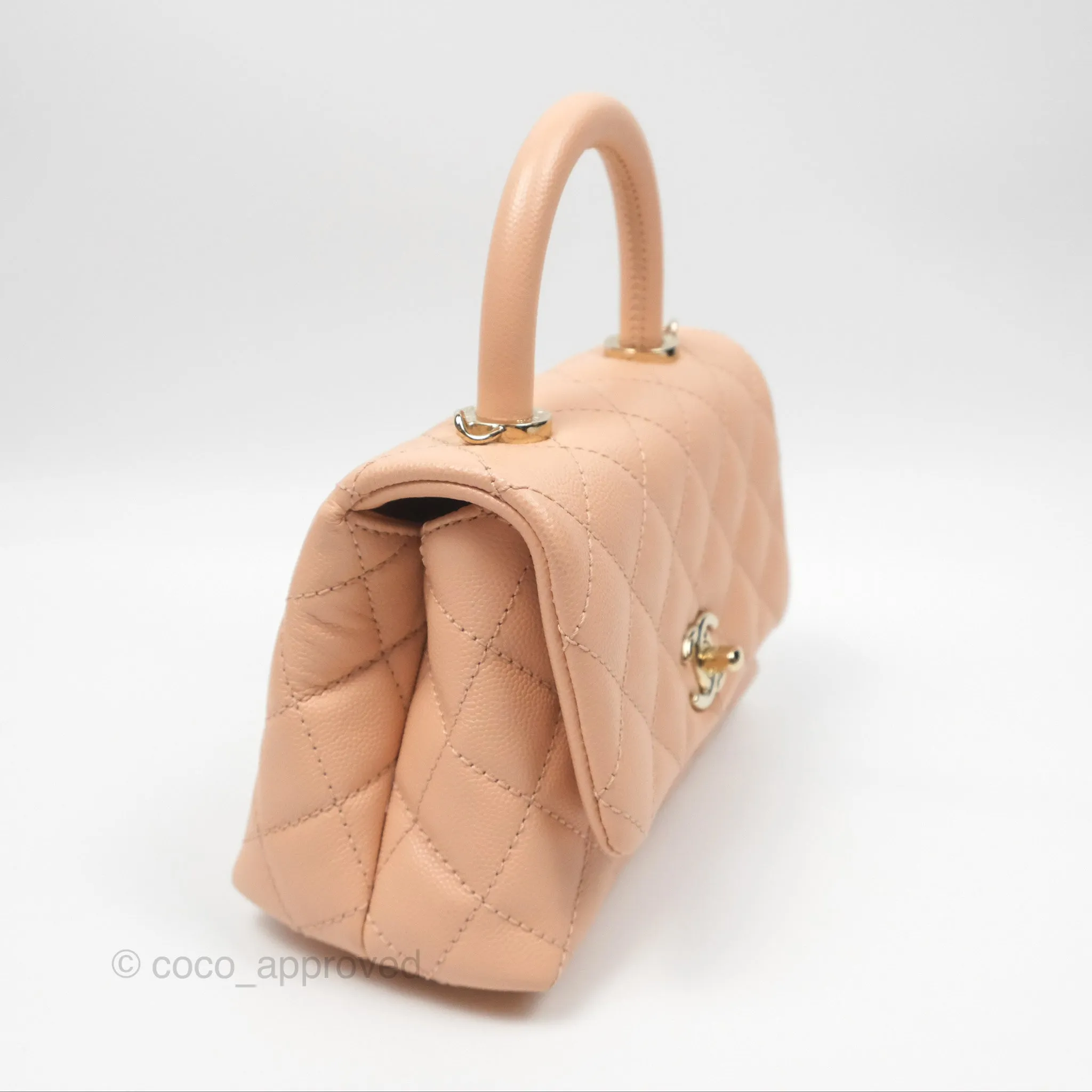 Chanel Quilted Mini Coco Handle Caviar Pink Beige Gold Hardware