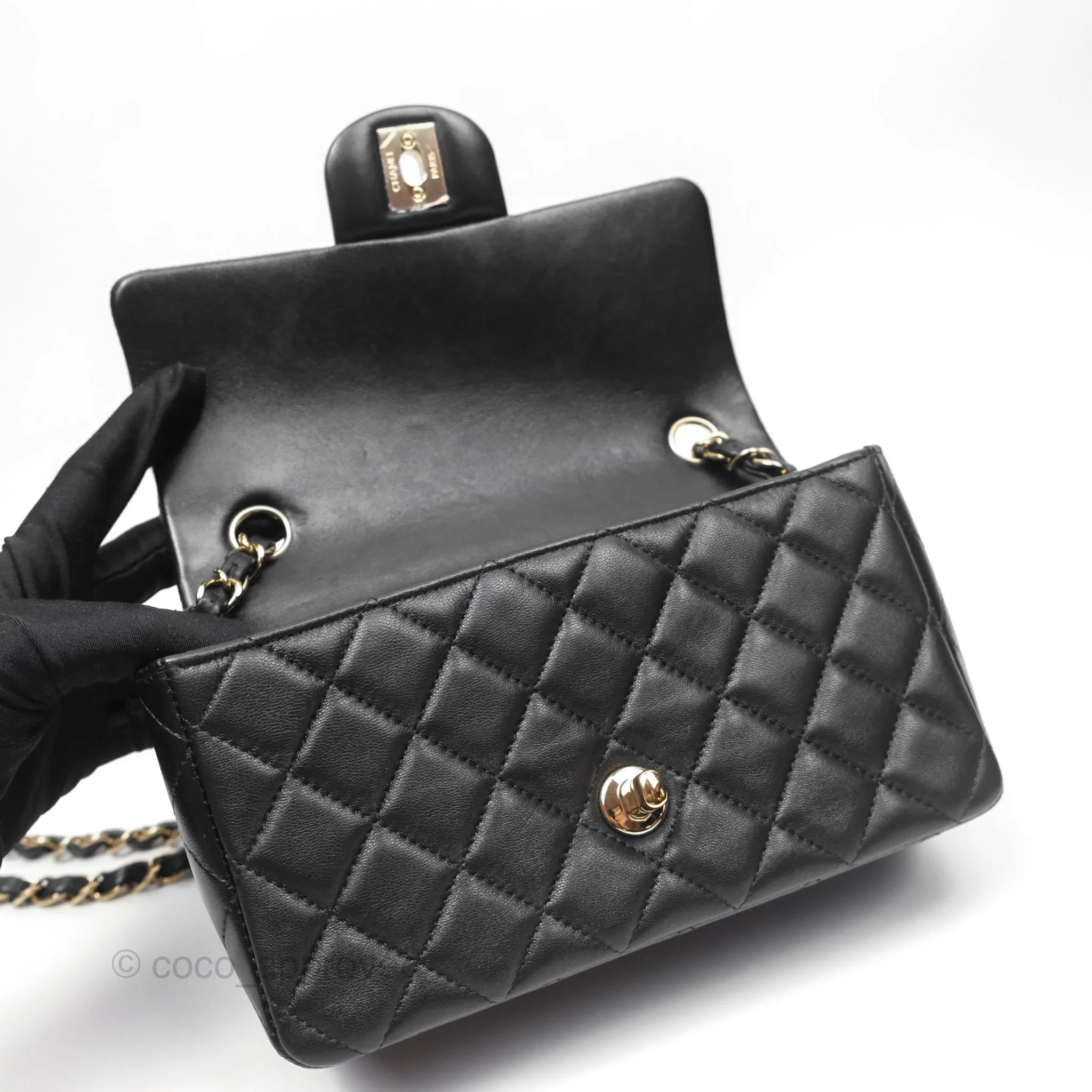 Chanel Quilted Mini Rectangular Flap Black Lambskin Gold Hardware