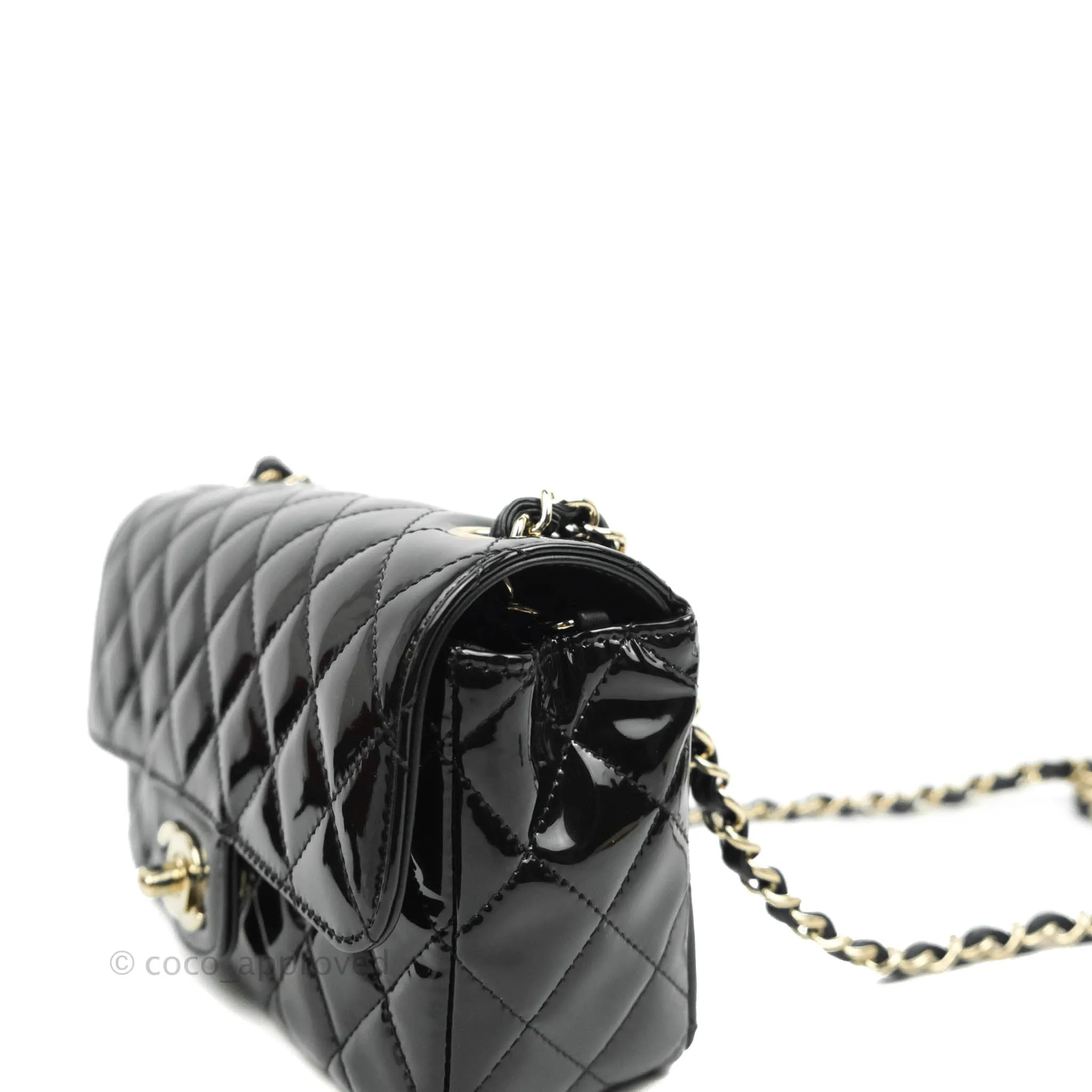 Chanel Quilted Mini Rectangular Flap Black Patent Gold Hardware