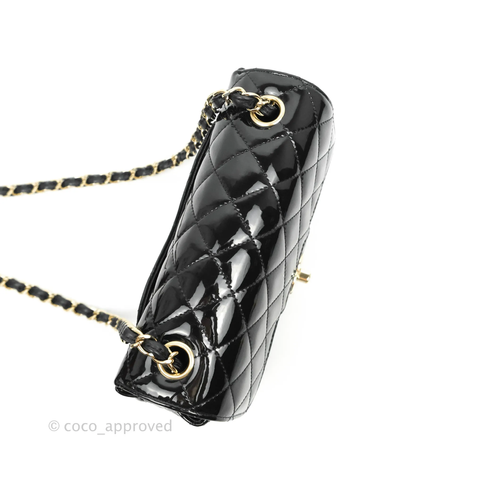 Chanel Quilted Mini Rectangular Flap Black Patent Gold Hardware
