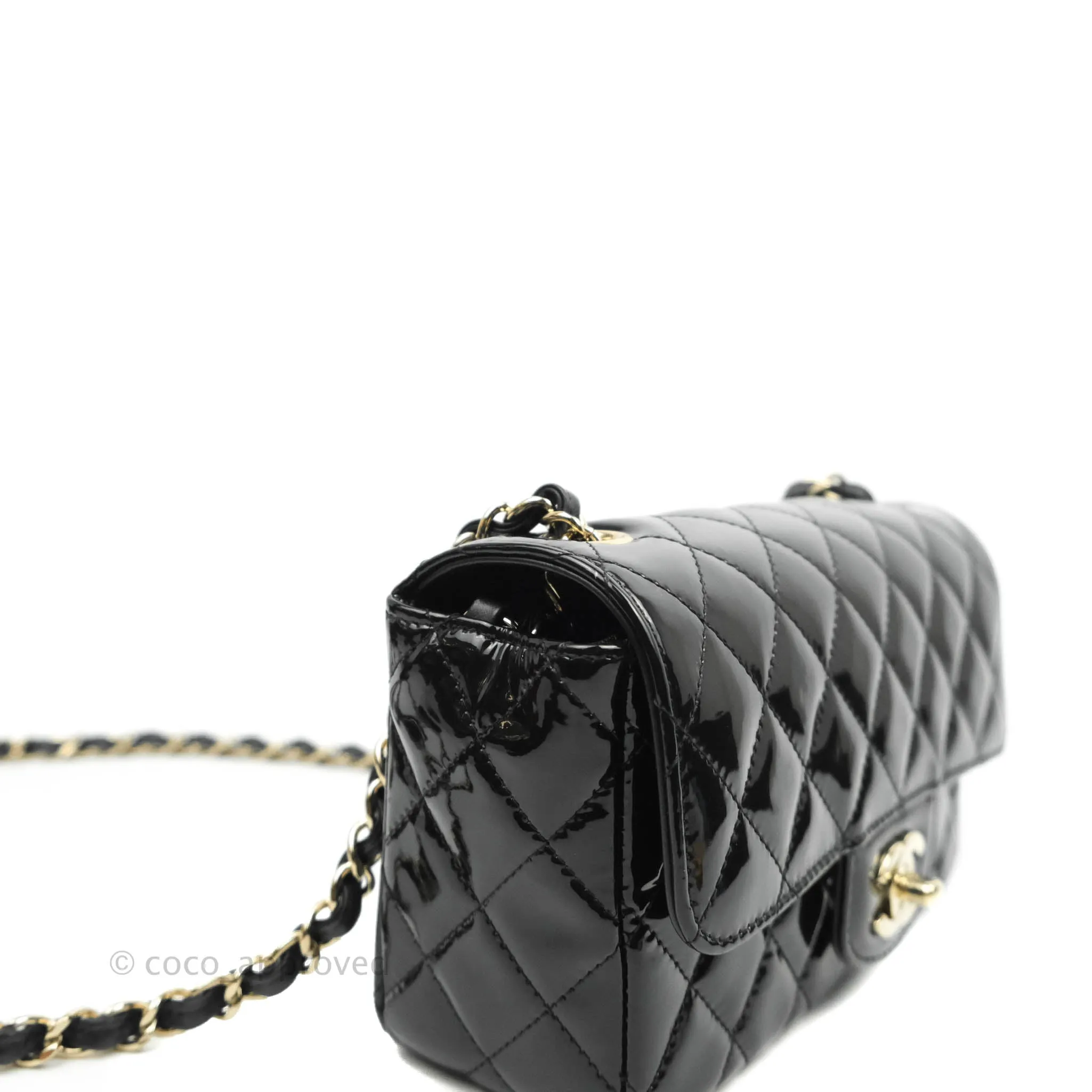 Chanel Quilted Mini Rectangular Flap Black Patent Gold Hardware