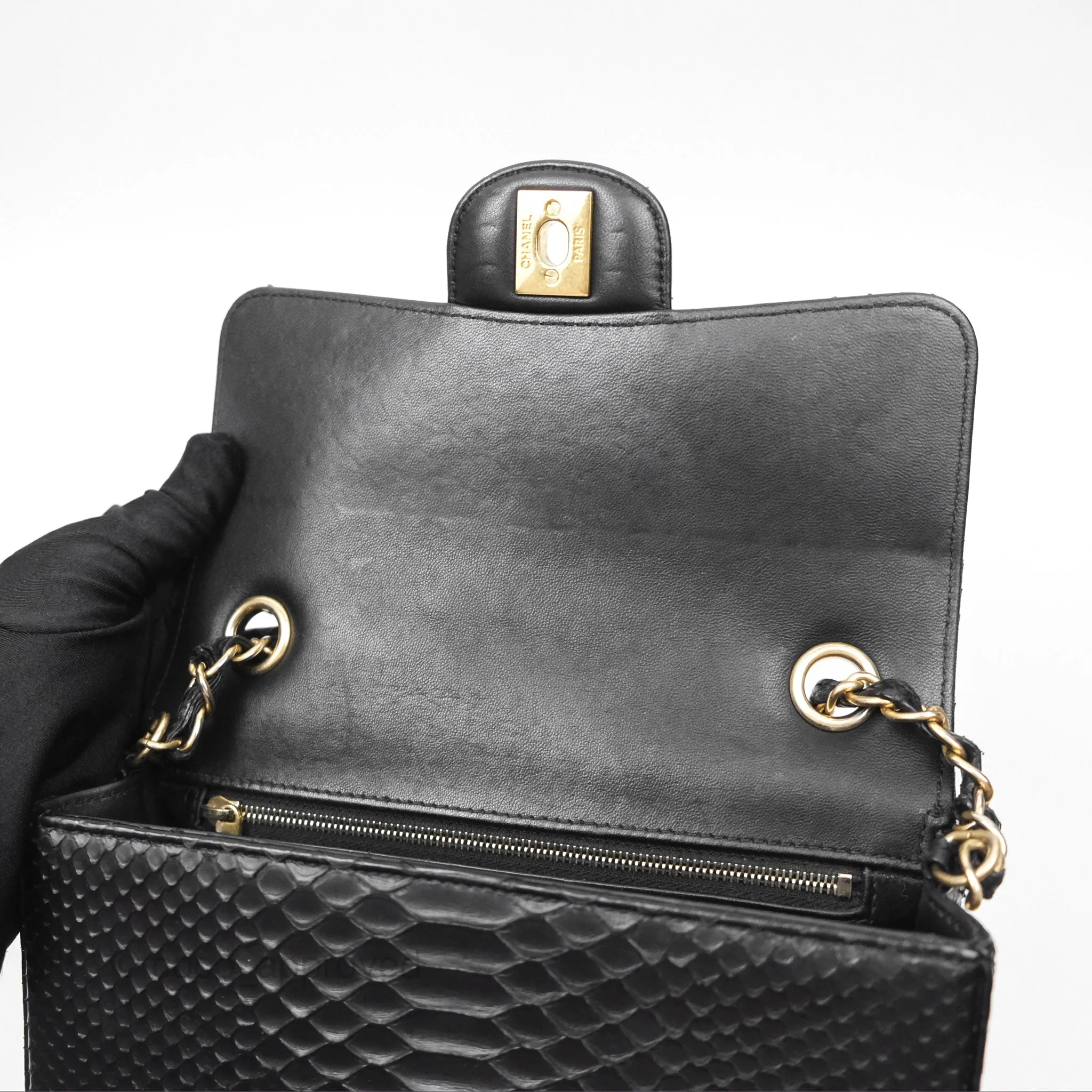 Chanel Quilted Mini Rectangular Flap Black Python Gold Hardware