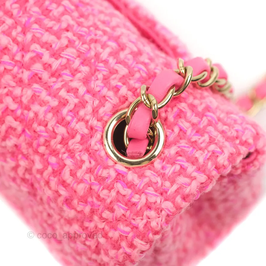 Chanel Quilted Mini Rectangular Flap Dark Pink Tweed Gold Hardware