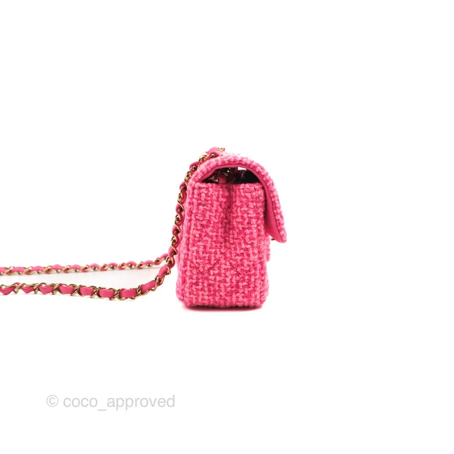 Chanel Quilted Mini Rectangular Flap Dark Pink Tweed Gold Hardware