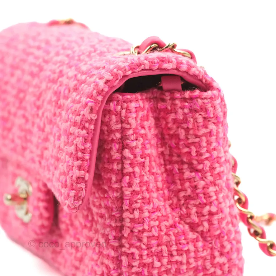 Chanel Quilted Mini Rectangular Flap Dark Pink Tweed Gold Hardware