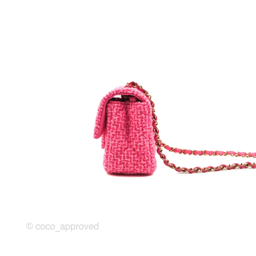 Chanel Quilted Mini Rectangular Flap Dark Pink Tweed Gold Hardware