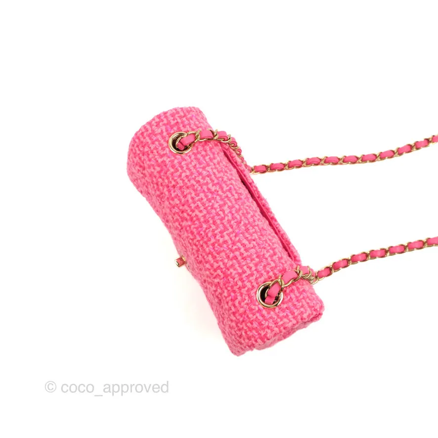Chanel Quilted Mini Rectangular Flap Dark Pink Tweed Gold Hardware