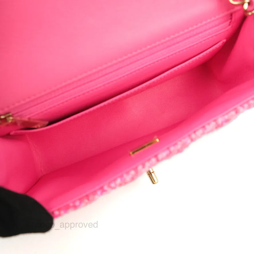 Chanel Quilted Mini Rectangular Flap Dark Pink Tweed Gold Hardware