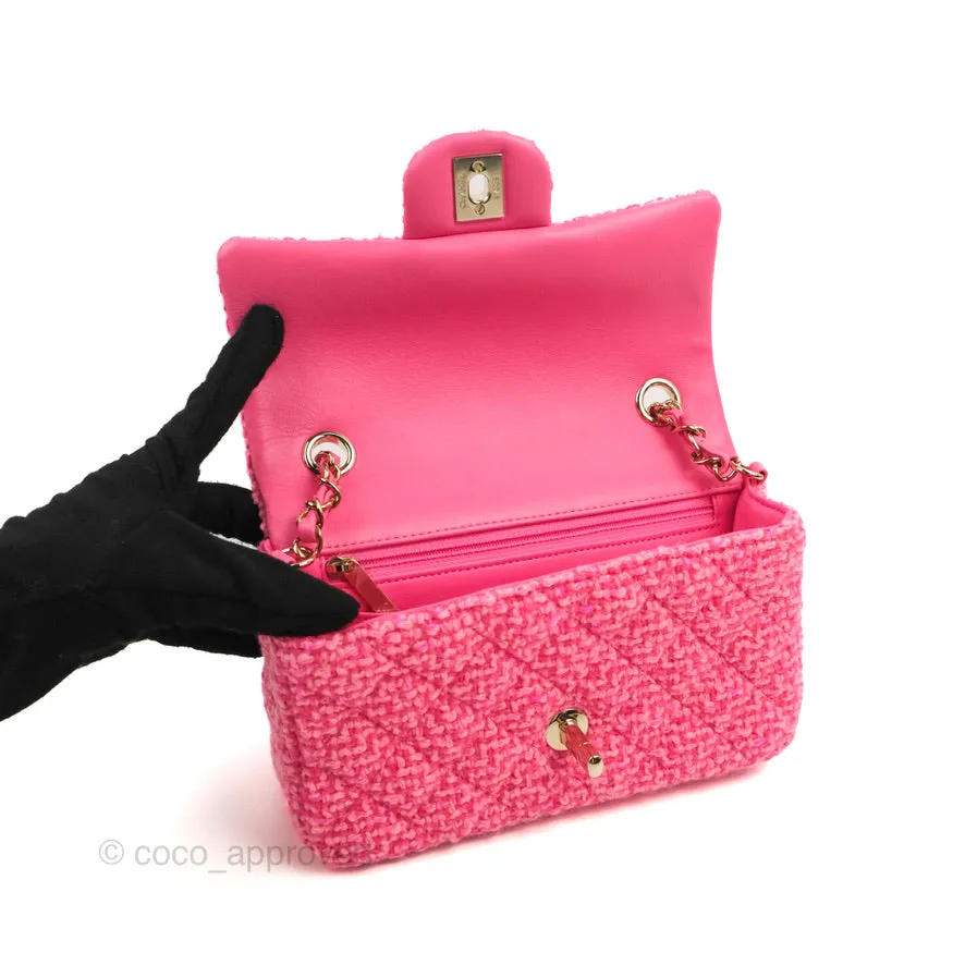 Chanel Quilted Mini Rectangular Flap Dark Pink Tweed Gold Hardware