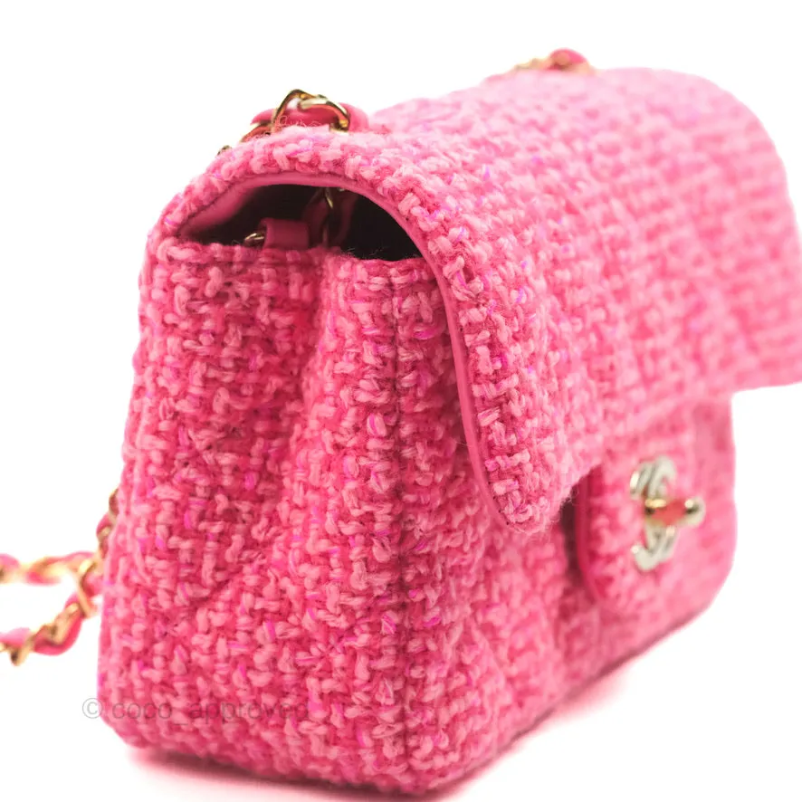 Chanel Quilted Mini Rectangular Flap Dark Pink Tweed Gold Hardware