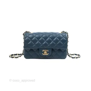 Chanel Quilted Mini Rectangular Flap Dark Teal Blue Lambskin Gold Hardware