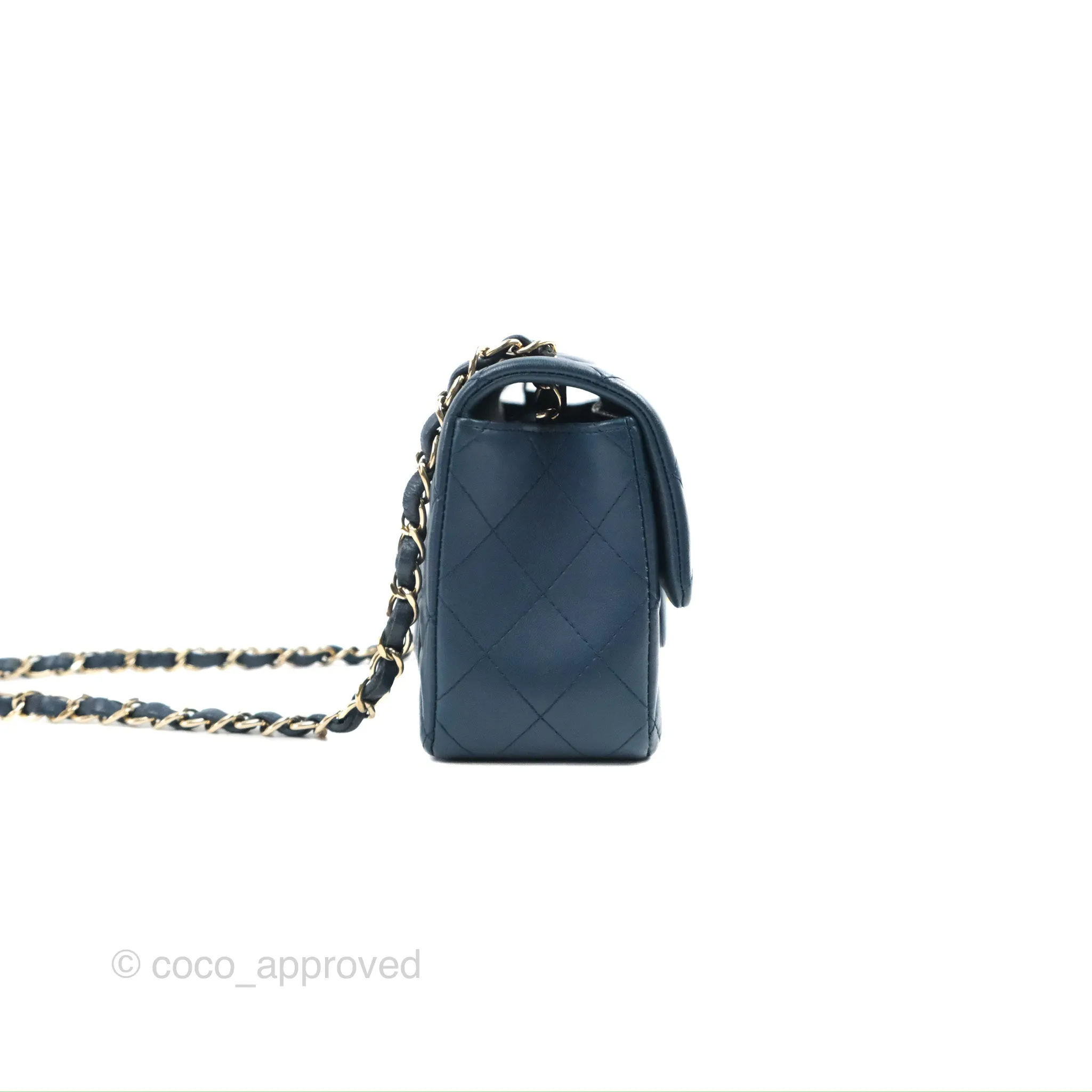 Chanel Quilted Mini Rectangular Flap Dark Teal Blue Lambskin Gold Hardware