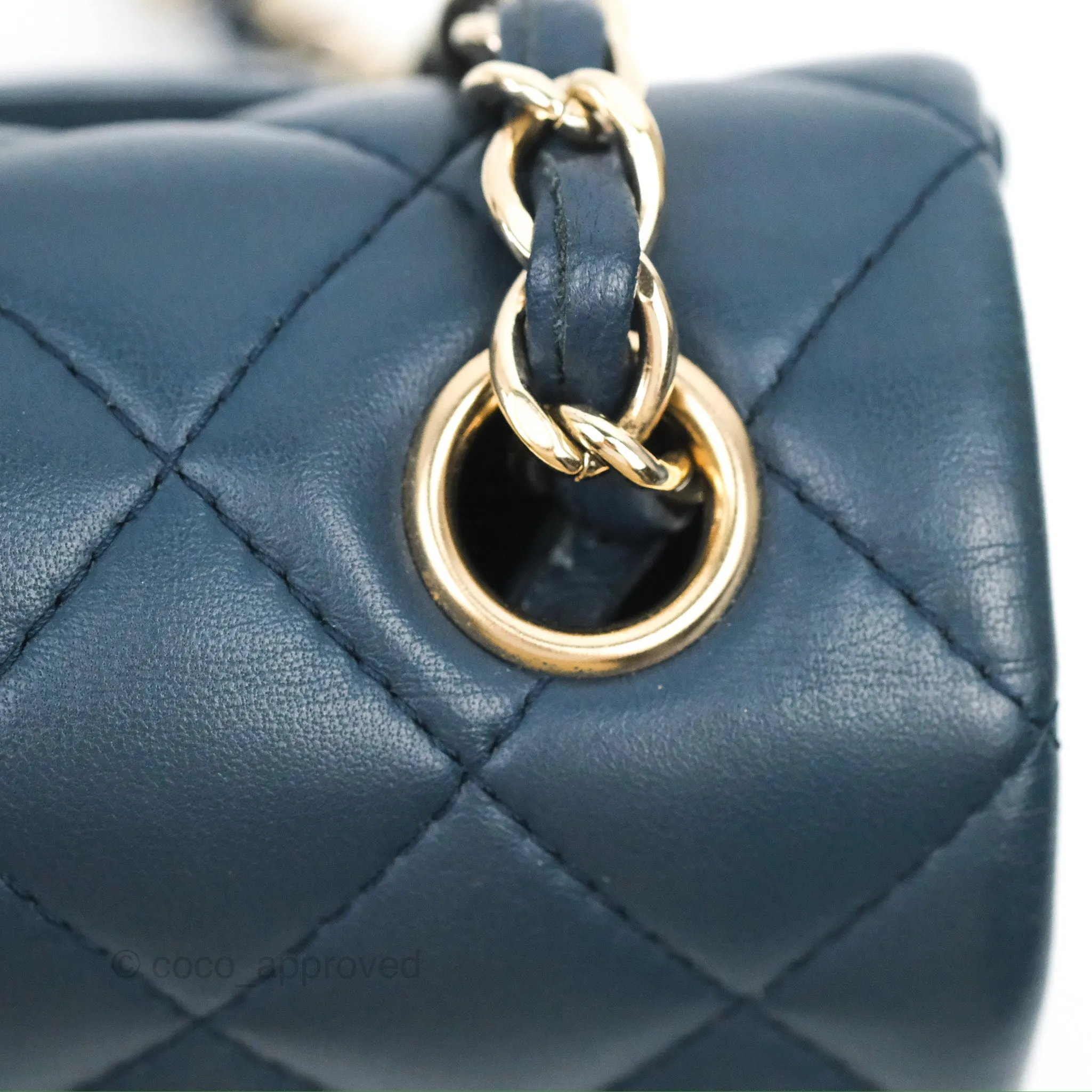 Chanel Quilted Mini Rectangular Flap Dark Teal Blue Lambskin Gold Hardware