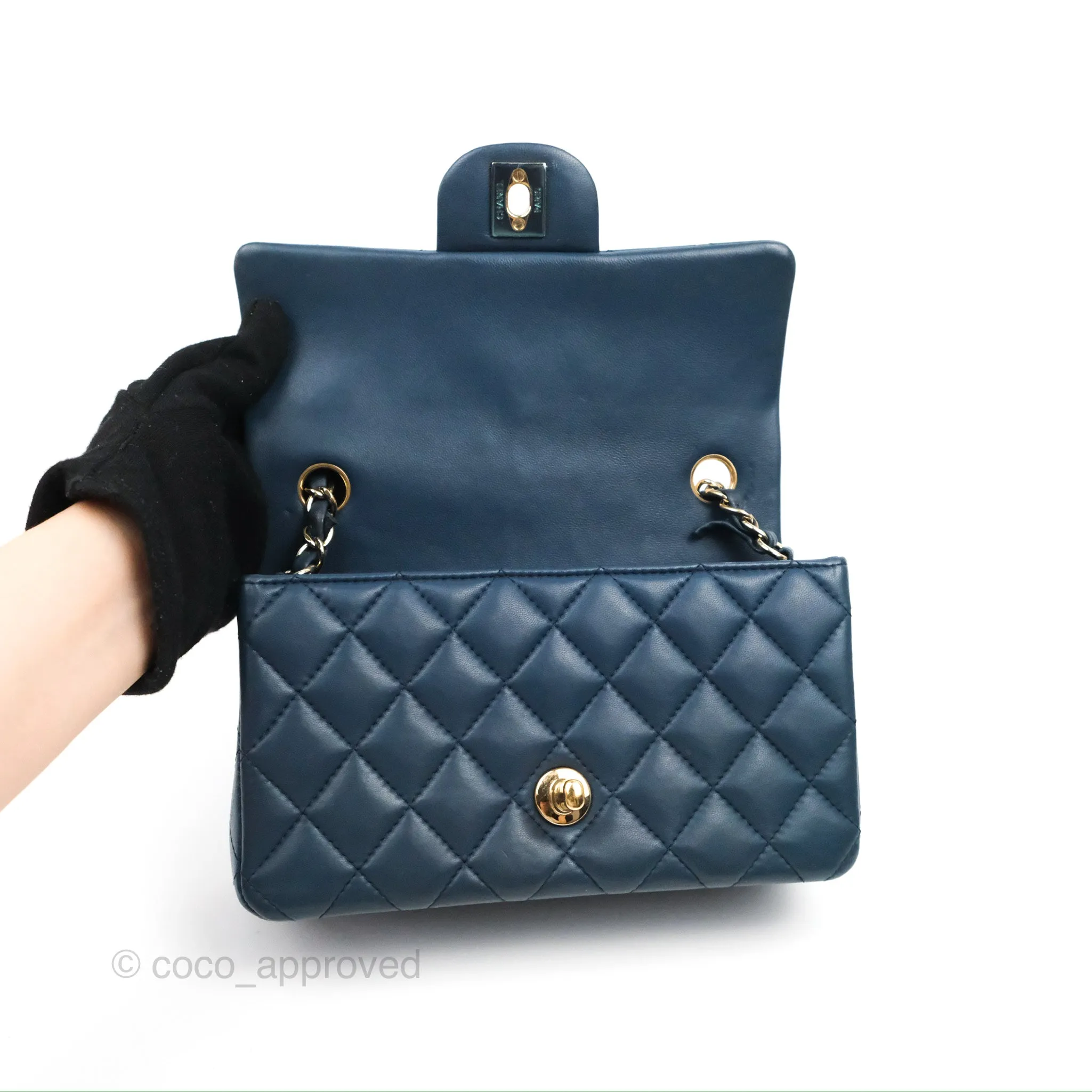 Chanel Quilted Mini Rectangular Flap Dark Teal Blue Lambskin Gold Hardware