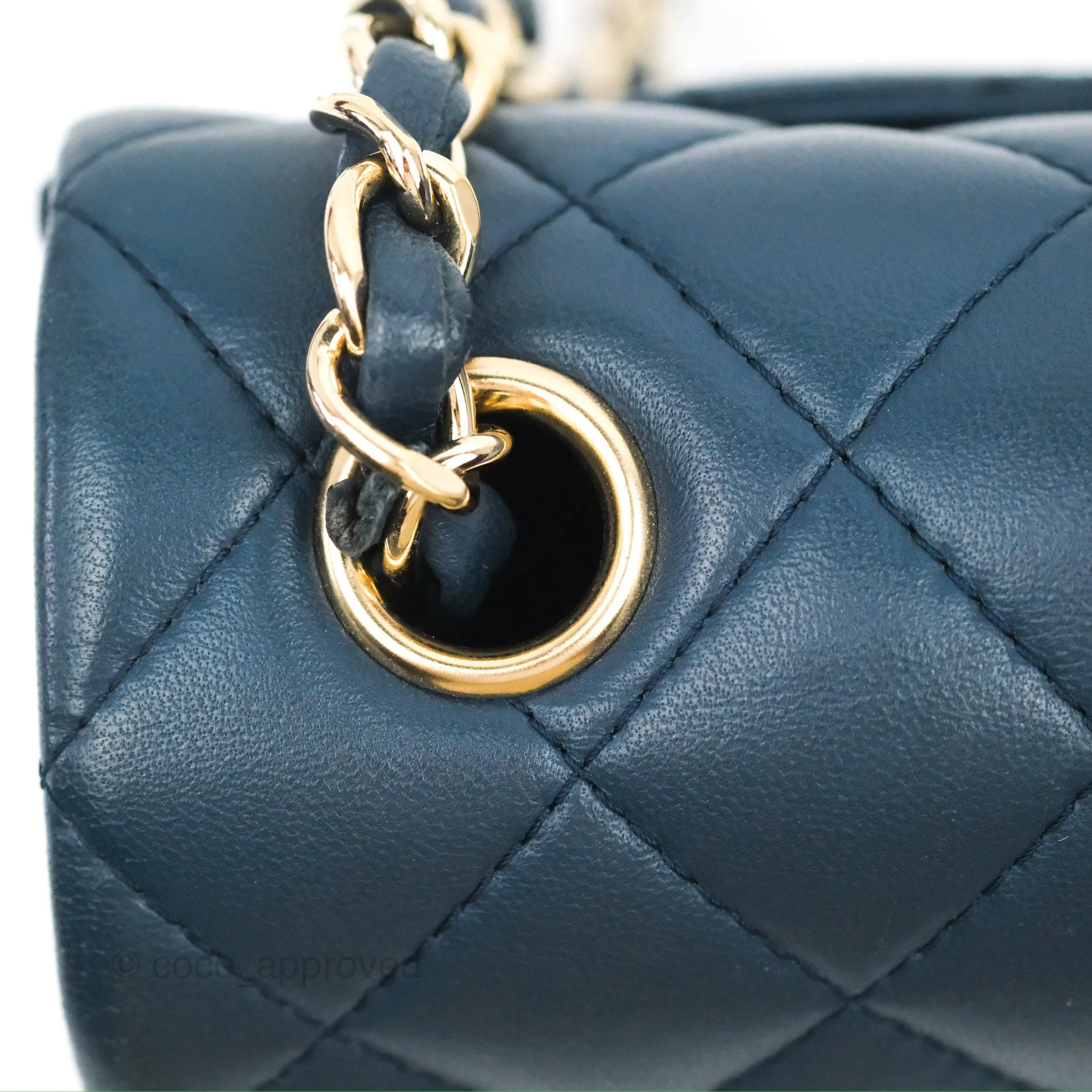 Chanel Quilted Mini Rectangular Flap Dark Teal Blue Lambskin Gold Hardware