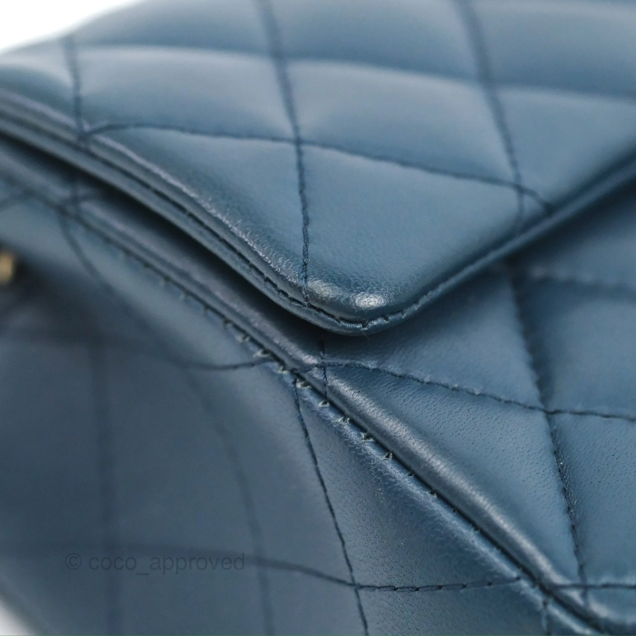 Chanel Quilted Mini Rectangular Flap Dark Teal Blue Lambskin Gold Hardware