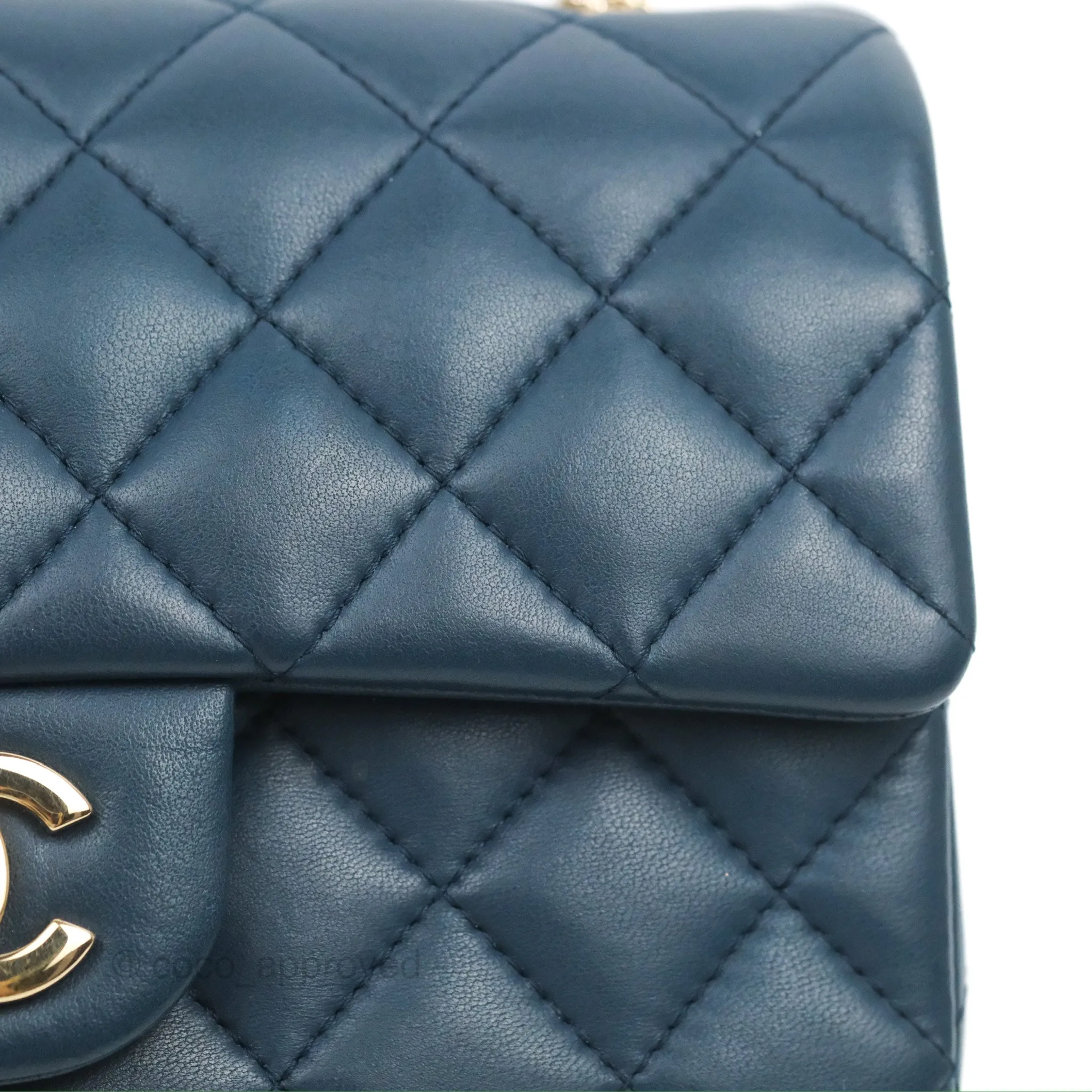 Chanel Quilted Mini Rectangular Flap Dark Teal Blue Lambskin Gold Hardware