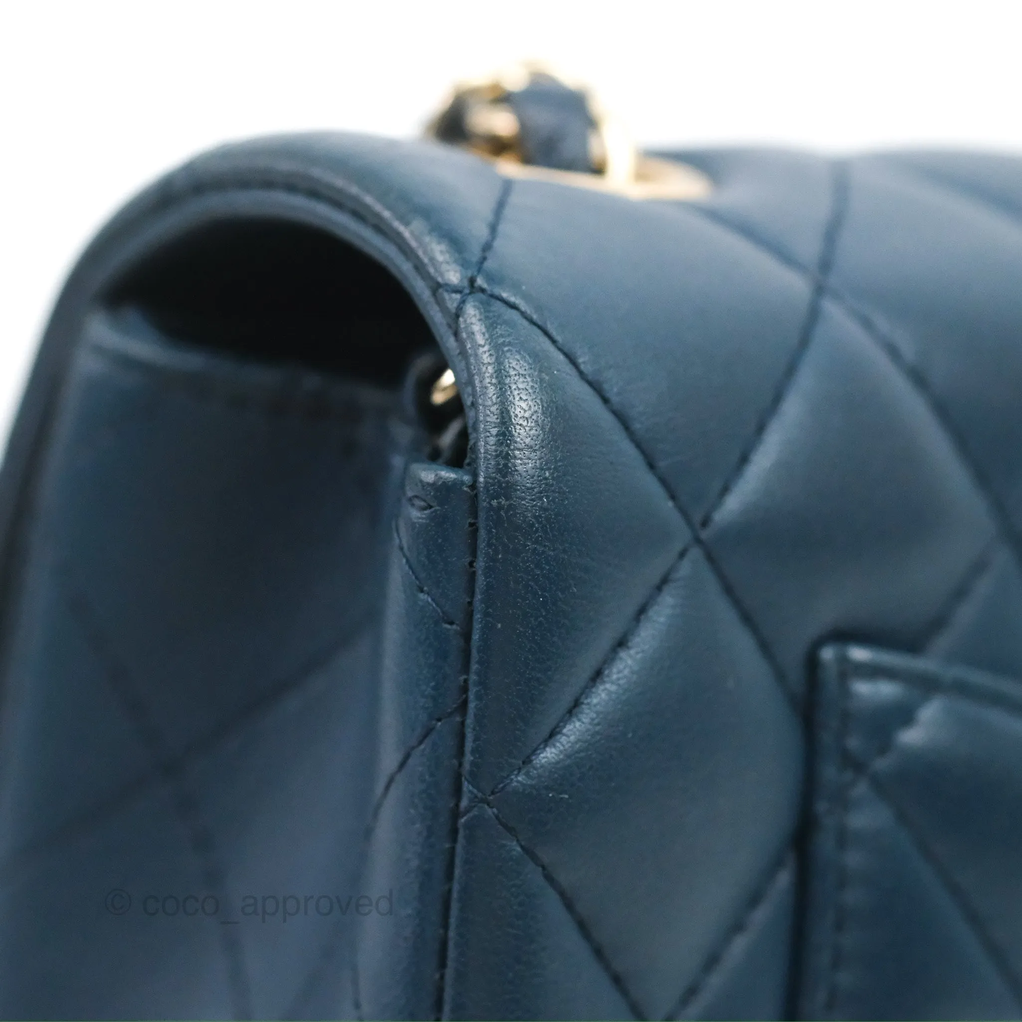 Chanel Quilted Mini Rectangular Flap Dark Teal Blue Lambskin Gold Hardware