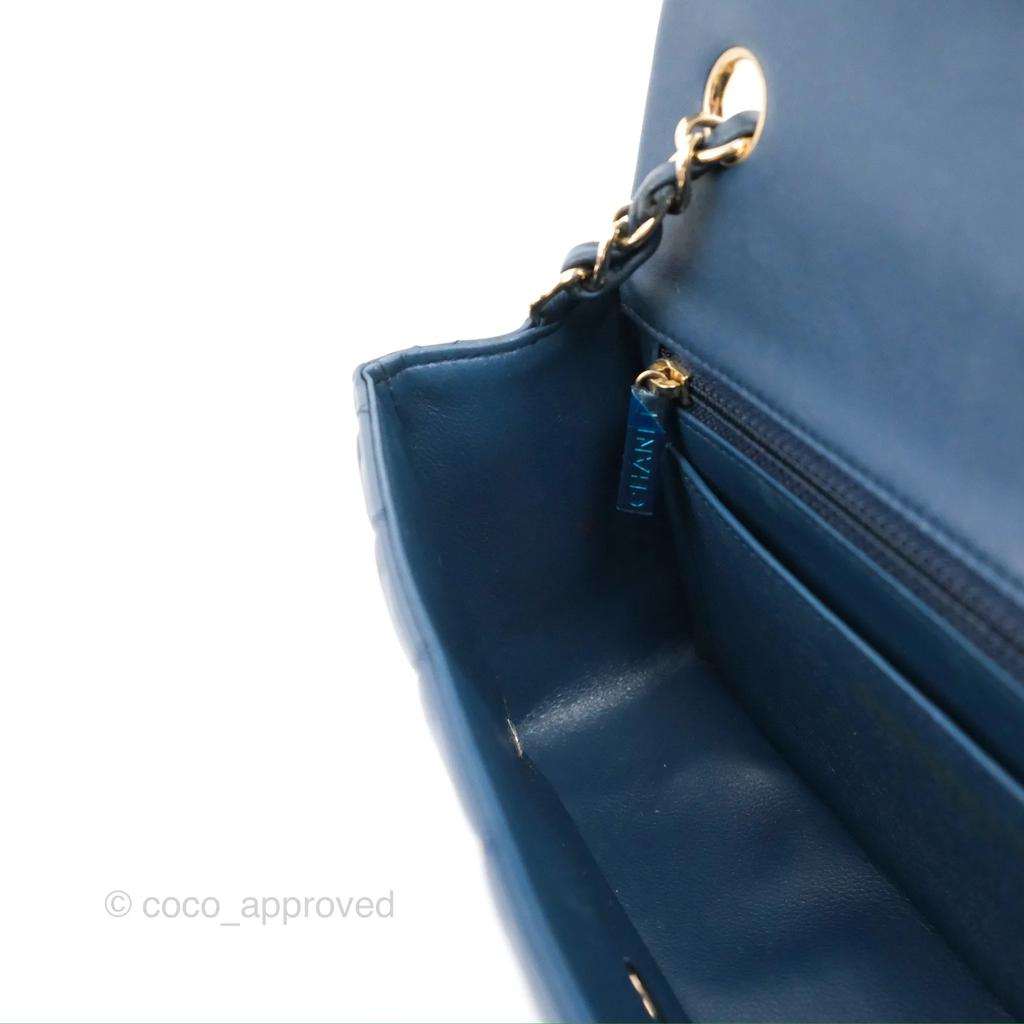 Chanel Quilted Mini Rectangular Flap Dark Teal Blue Lambskin Gold Hardware