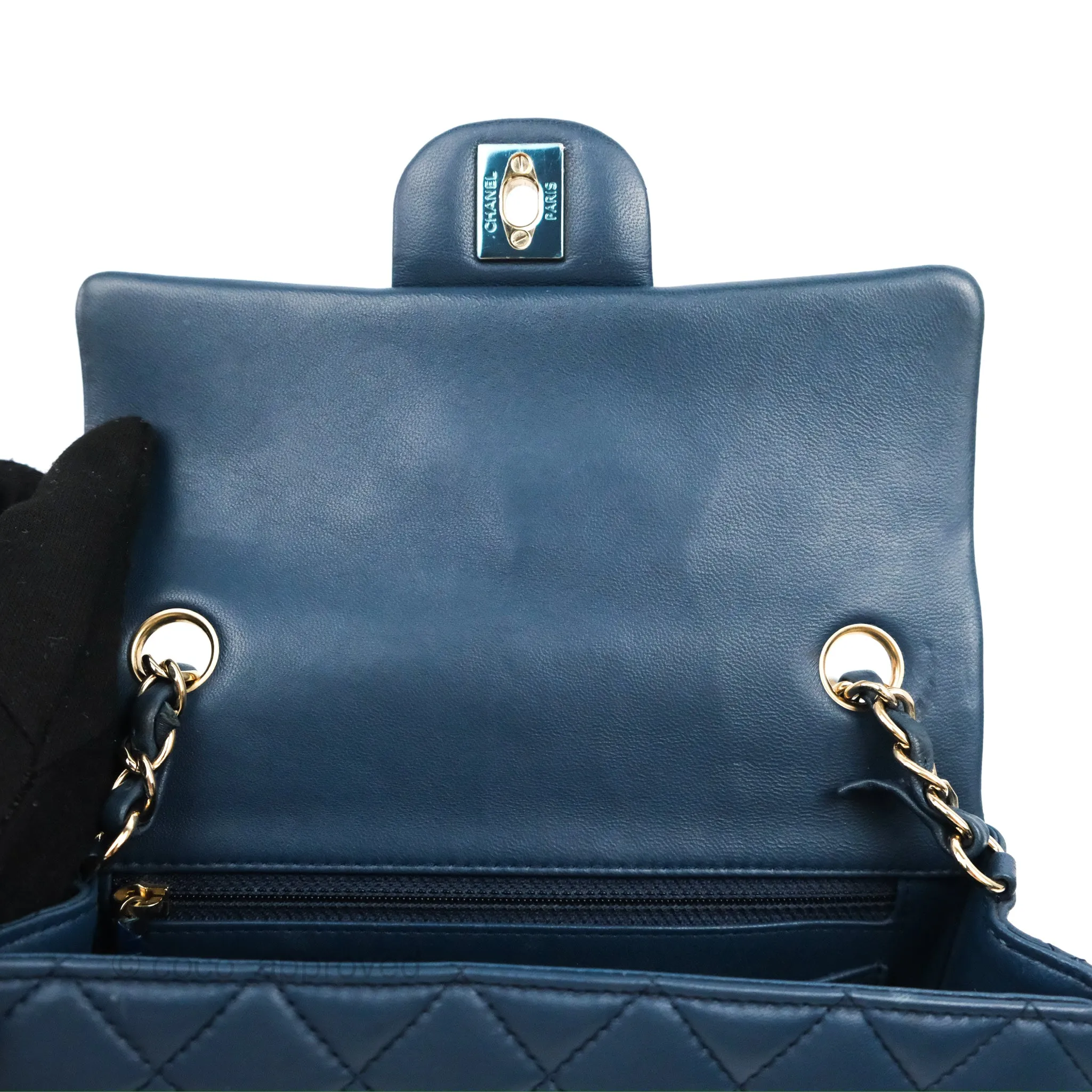 Chanel Quilted Mini Rectangular Flap Dark Teal Blue Lambskin Gold Hardware